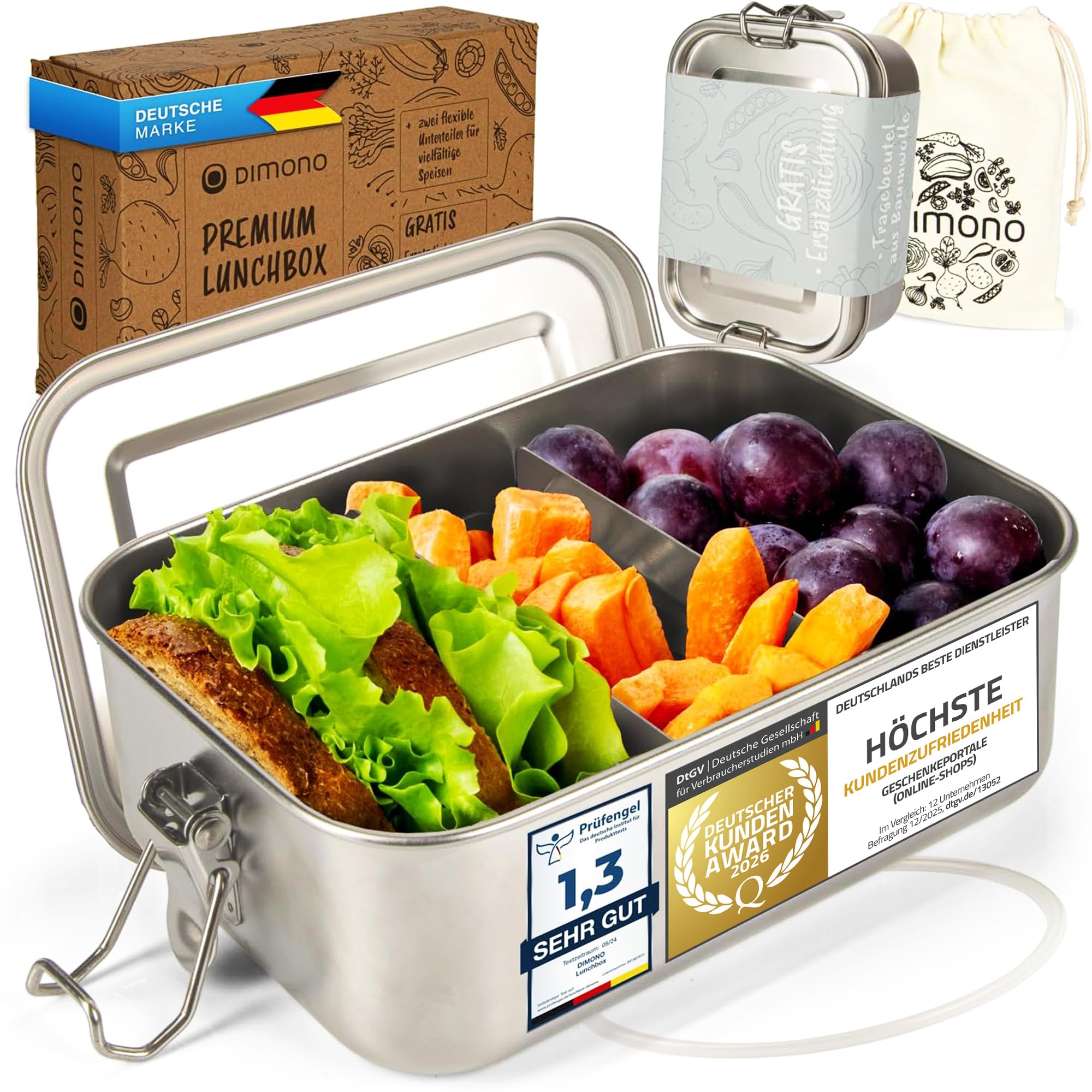 Dimono® Lunchbox Brotdose 850ml Auslaufsichere Bento-Box Brotzeit-Dose aus Edelstahl; Wasserdichte Nachhaltige Dose mit Fächer & Dichtungen