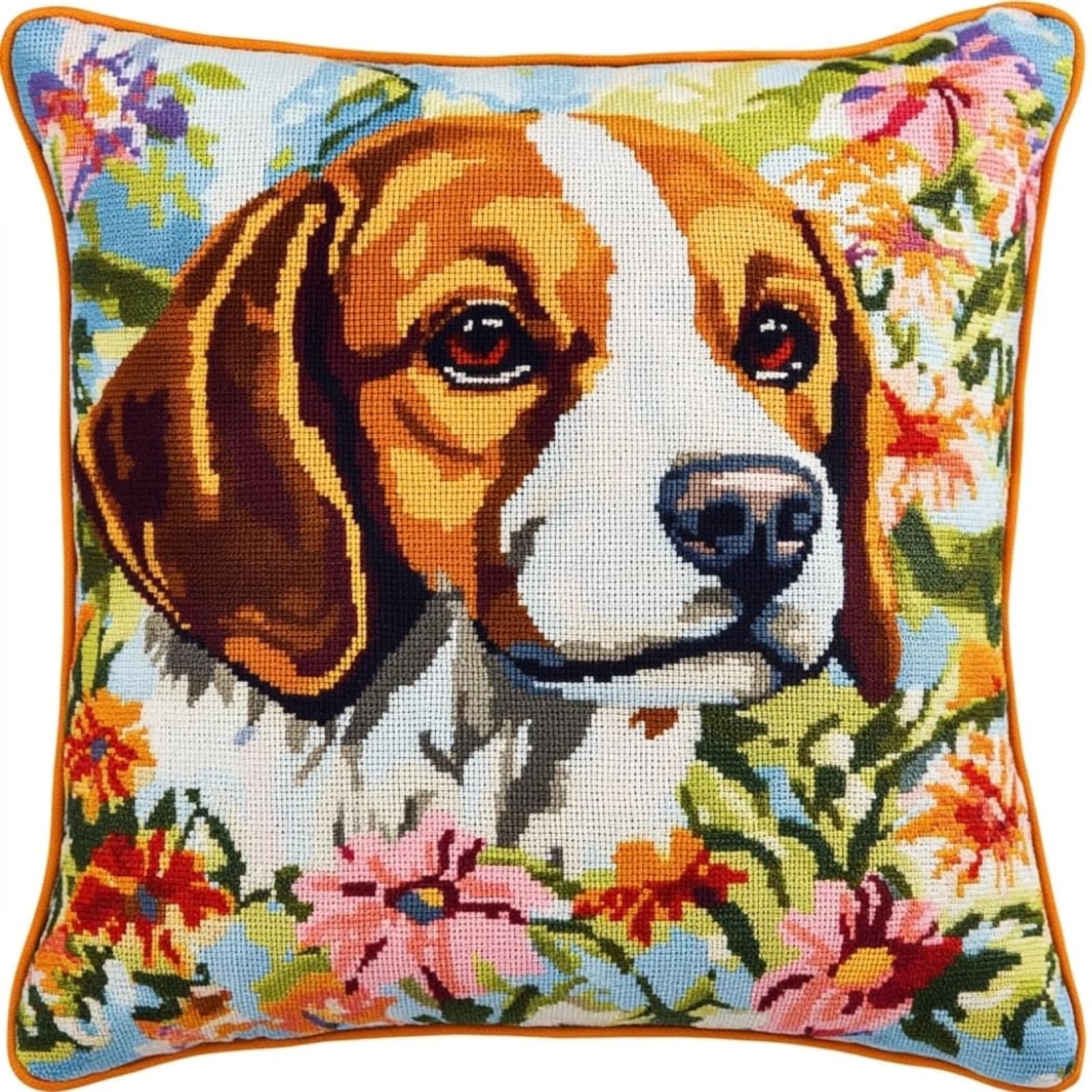 WallustrioaW DIY Printed Cross Stitch Pillow Kits,Beagle in the Flowerbed Embroidery Kit for Adults 11CT Cross Stitch Printed Canvas Needlework Decoration 18x18in