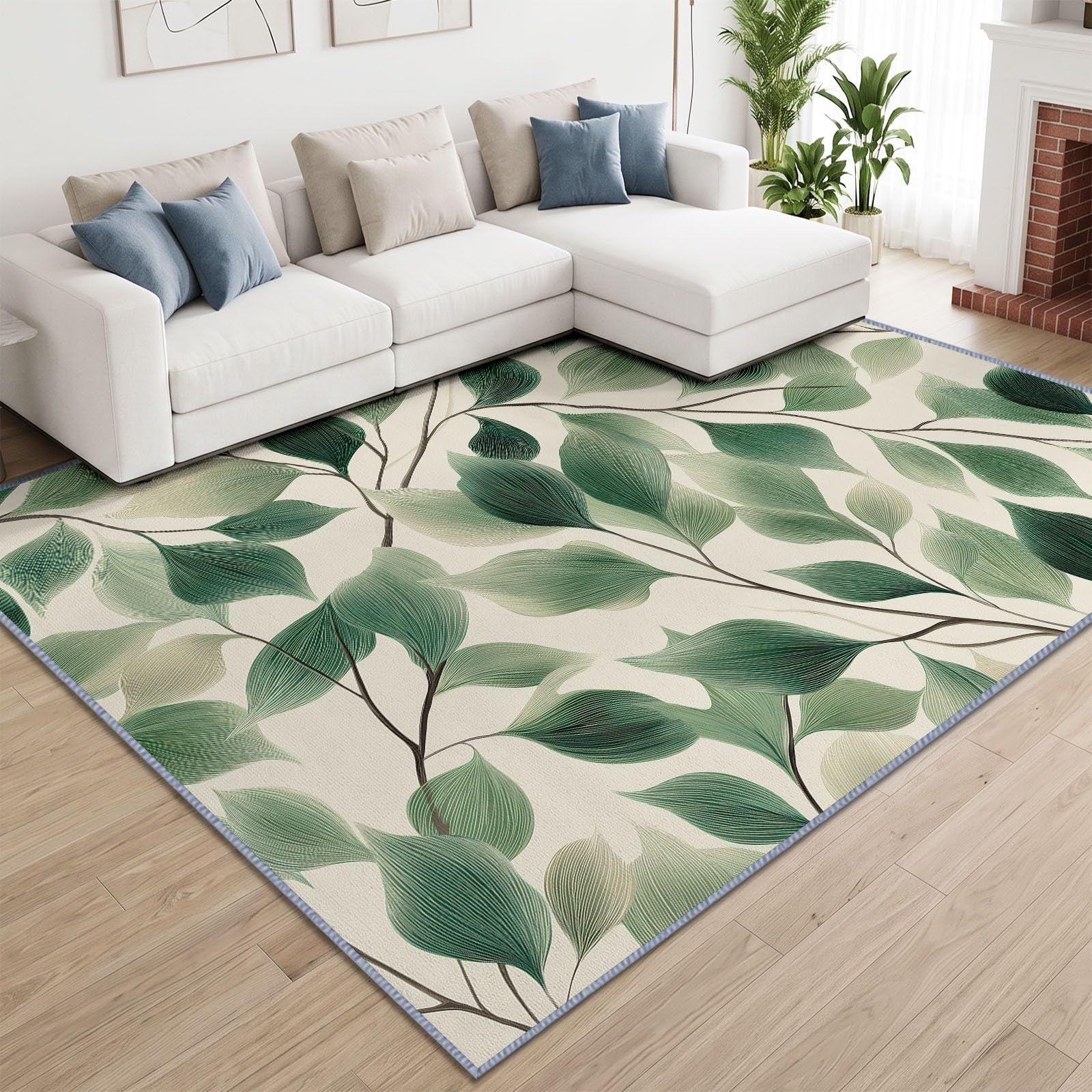 Générique Botanique Tapis, 160 x 230 cm, Branche Feuille Sauge Verte Décoration Moquette avable Salle de Tapis, Pliable Doux Réduire Bruit Lancer Moquette pour Chambre à Coucher