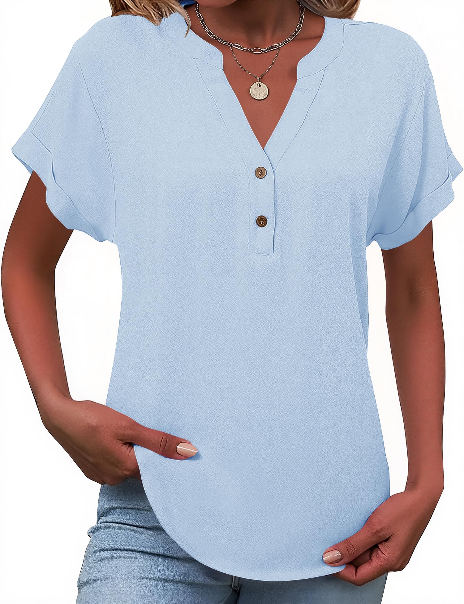 Tisfeer Leinenbluse Damen Sommer Kurzarm Bluse Baumwolle Leinen V-Ausschnitt mit Knopfleiste Locker Lässig Tunika Einfarbig