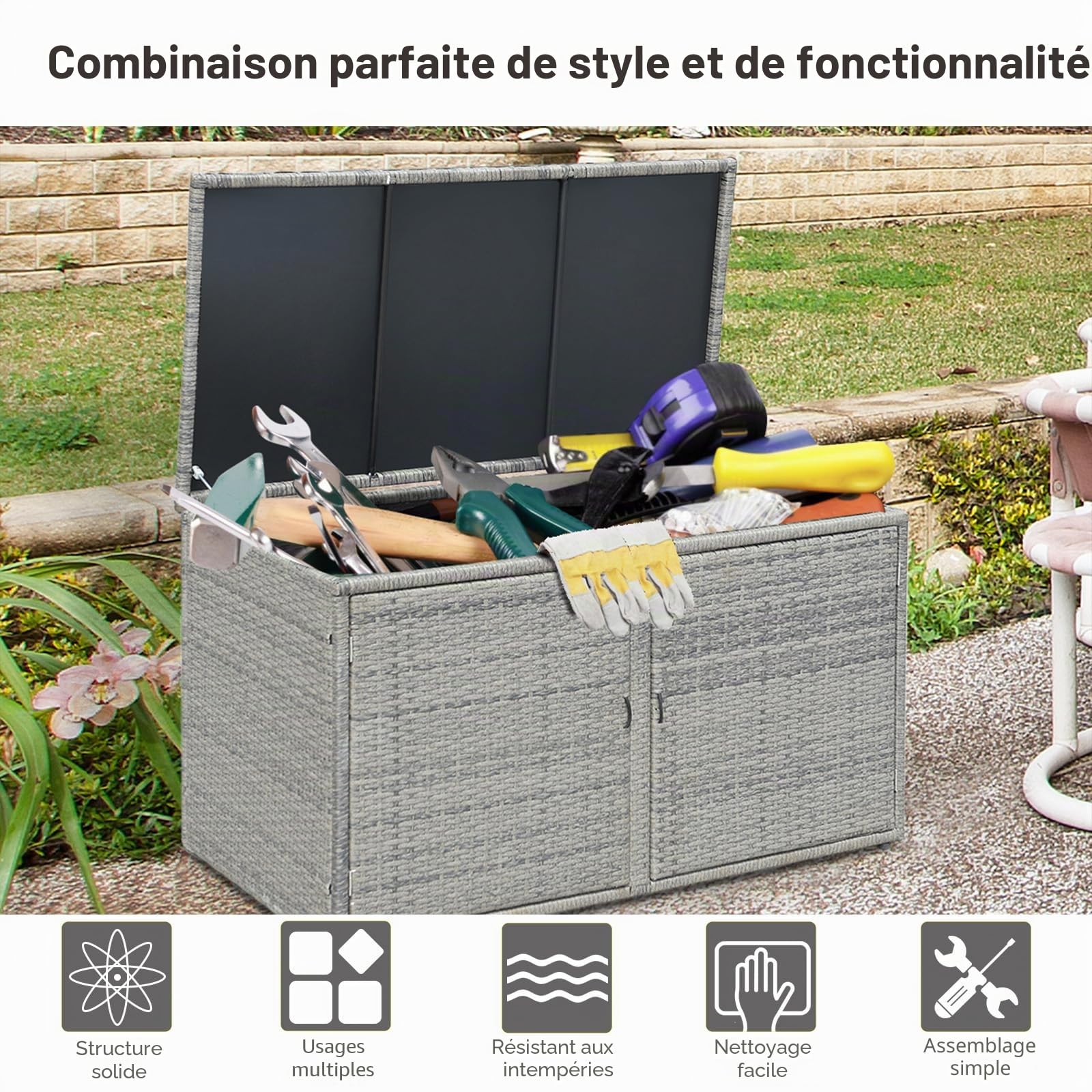 KOMFOTTEU Coffre de Rangement en Rotin avec double Portes et Couvercle, Armoire de Jardin 2 Étages, 115 x 60 x 65 cm, gris