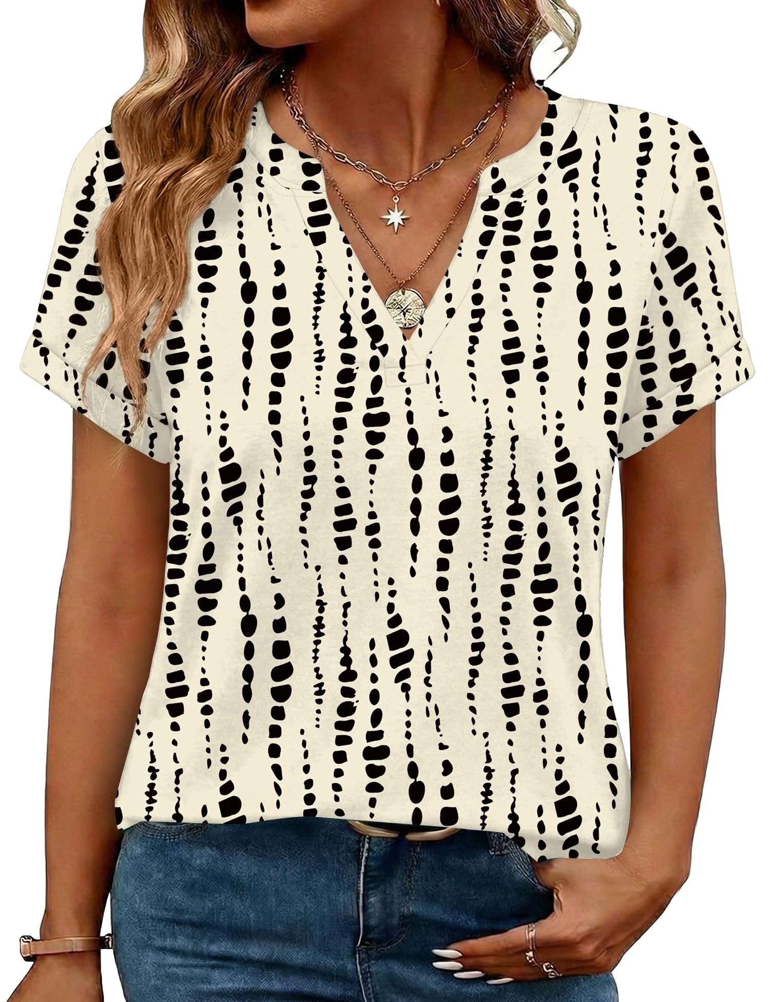 Rapbin Damen Bluse Kurzarm V-Ausschnitt Elegant Tunika Sommer Oberteile Casual Locker T-Shirt Freizeit Tops