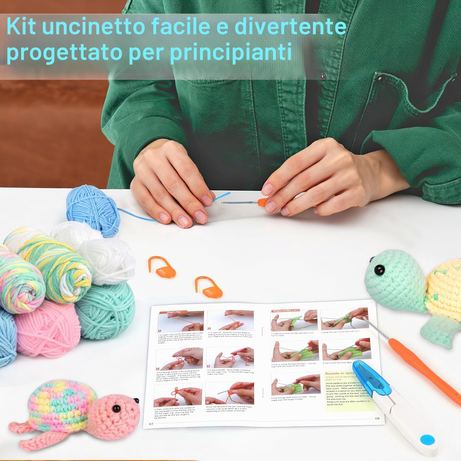 UXORSN Kit per Lavorare a Uncinetto per Principianti 3 Pezzi Adorabile Tartaruga Animali Crochet Kit Forniture Tessuto Uncinetto Peluche con Filato Gancio Istruzioni Passo Uncinetto Crafts per Adulti