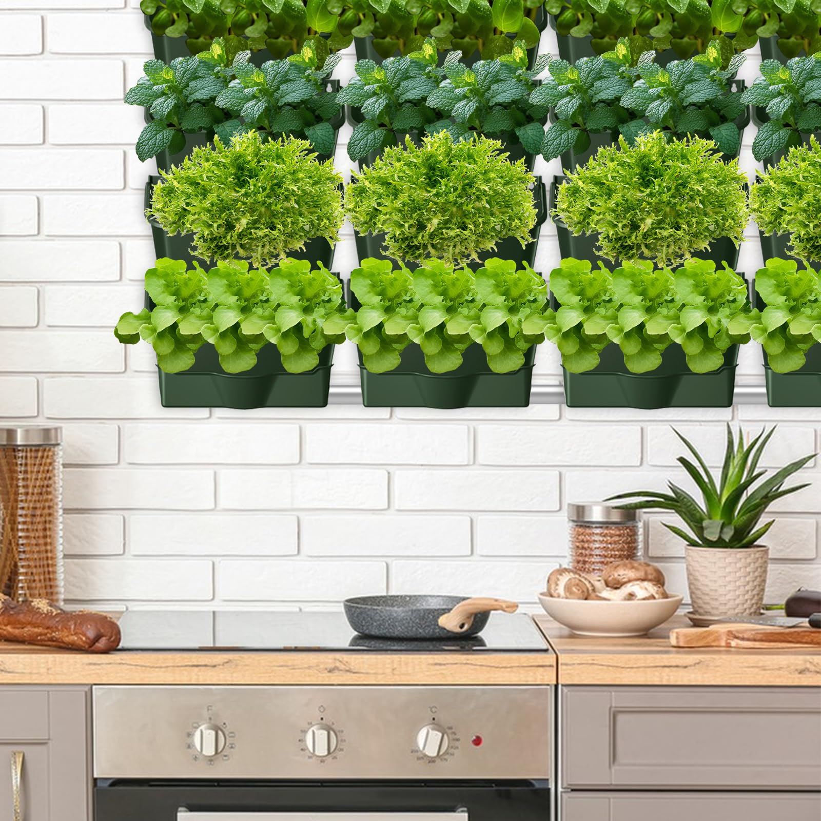 Hängende Pflanztaschen, Selbstbewässernder Wandpflanztopf, Vertikaler Garten Pflanzenwand für den Außenbereich mit 16 Töpfen, Wandmontierter Pflanztasche für Garten, Terrasse (16 Stück-Armeegrün A)