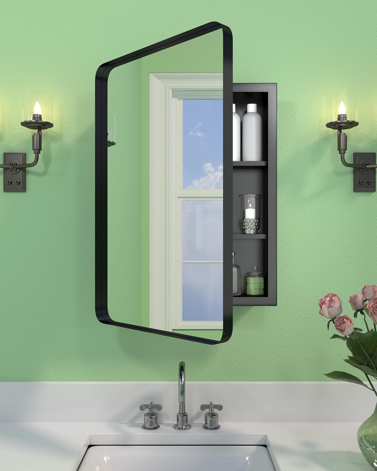 16"x24" Bathroom Medicine Cabinet with Mirror, Recessed and Surface Mount Medicine Cabinet Bathroom Mirror with Storage, Waterproof Black Metal, Stable and Removable 2 Metal Shelves, Easy Installation Left Or Right Hinge No Light (Mirror 16"x24")