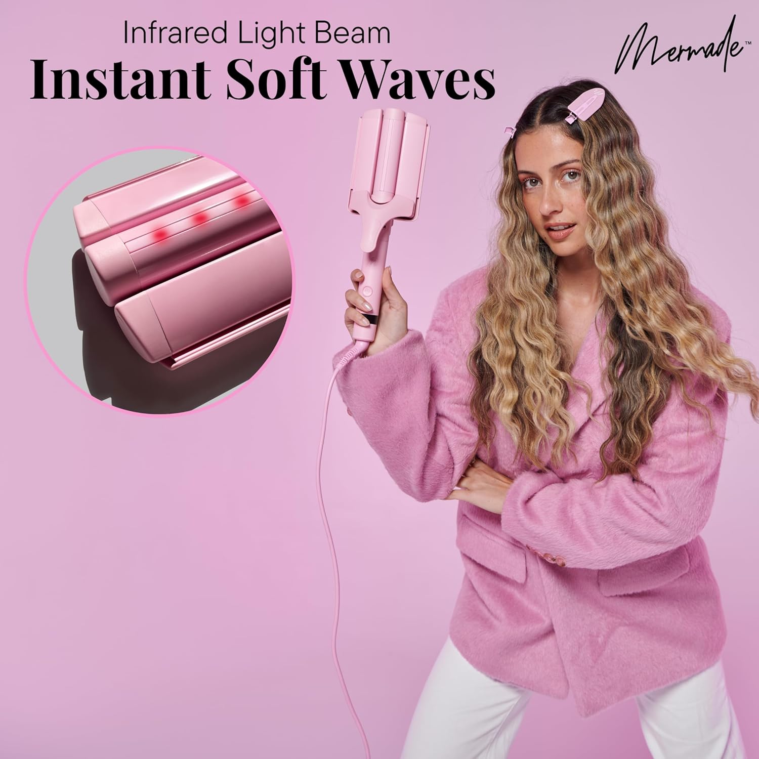 Mermade Hair M' Infrared Waver - 3 Barrel Curling Iron for Beach Waves, Hair Curler for Women, Healthier Heat Styling, Suitable for Short, Medium, & Long Hair, 1.18" Extra Large Triple Barrels - Pink