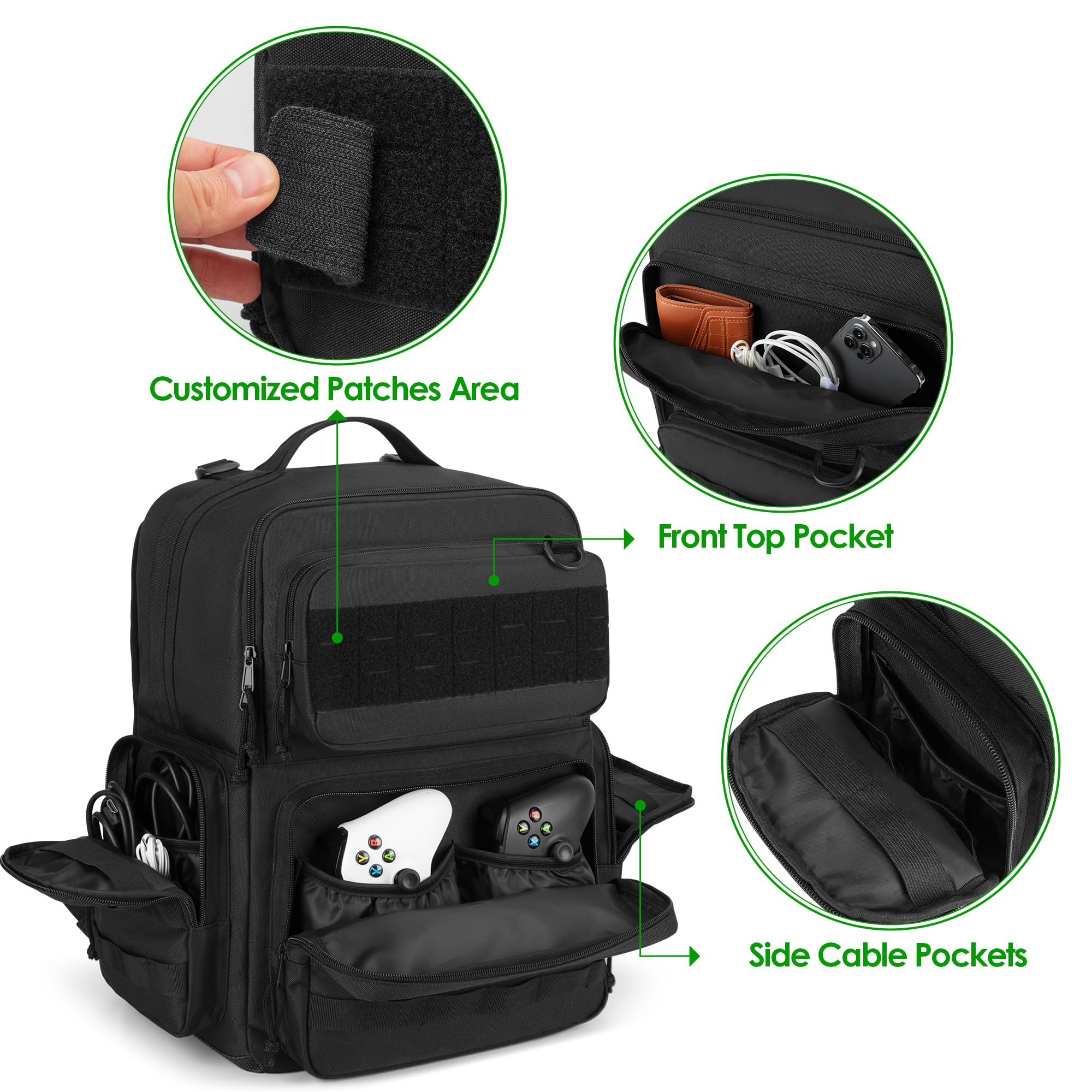PGmoon Mochila táctica de viaje compatible con consola Xbox Series X/S con espacio individual para consola, muchos bolsillos para controladores, auriculares y más (diseño patentado), Negro -, Mochila