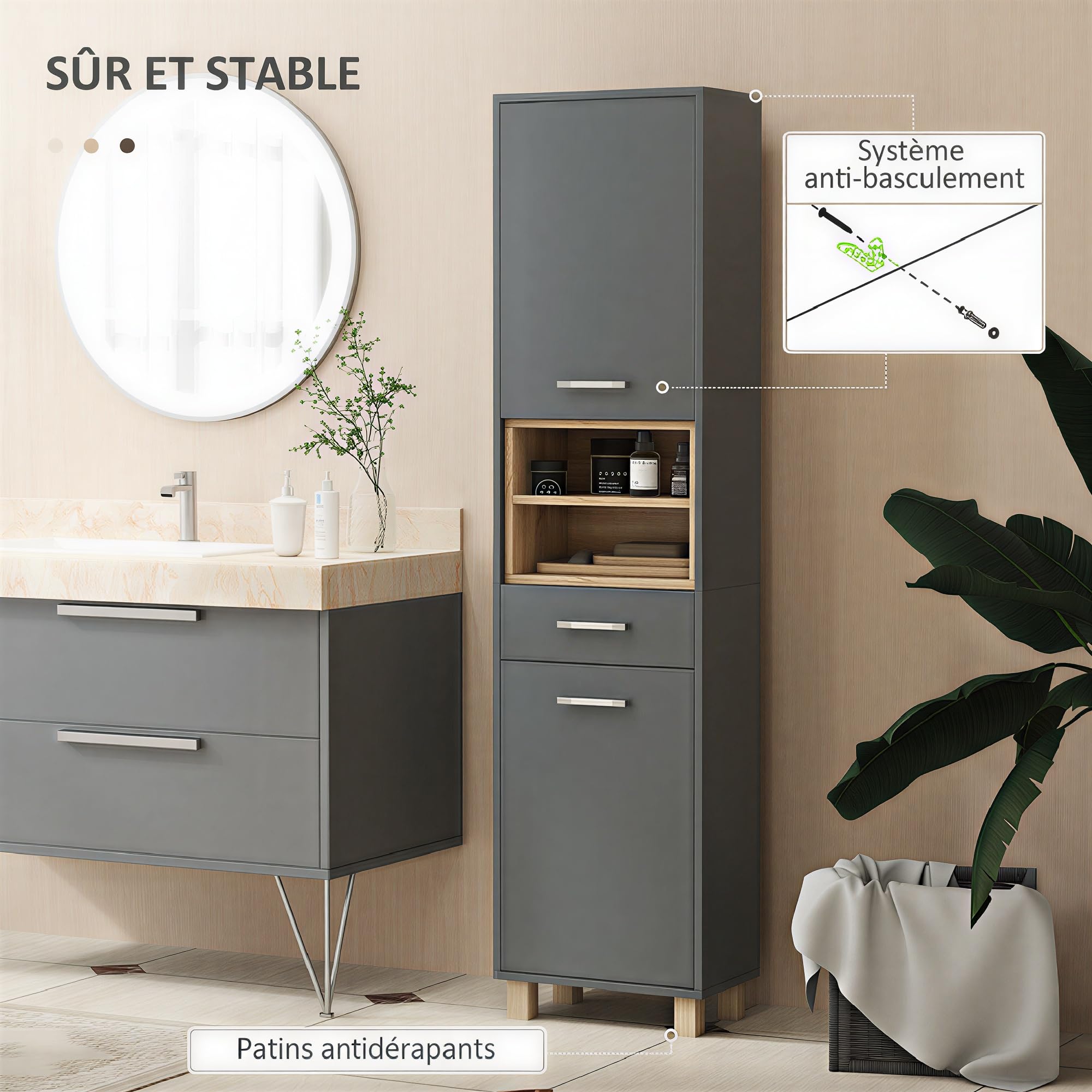HOMCOM - Columna para cuarto de baño, mueble de almacenamiento, armario con 2 puertas, cajón y 2 estantes abiertos, armario alto para cocina, sala de estar, 40 x 24 x 160 cm, color gris