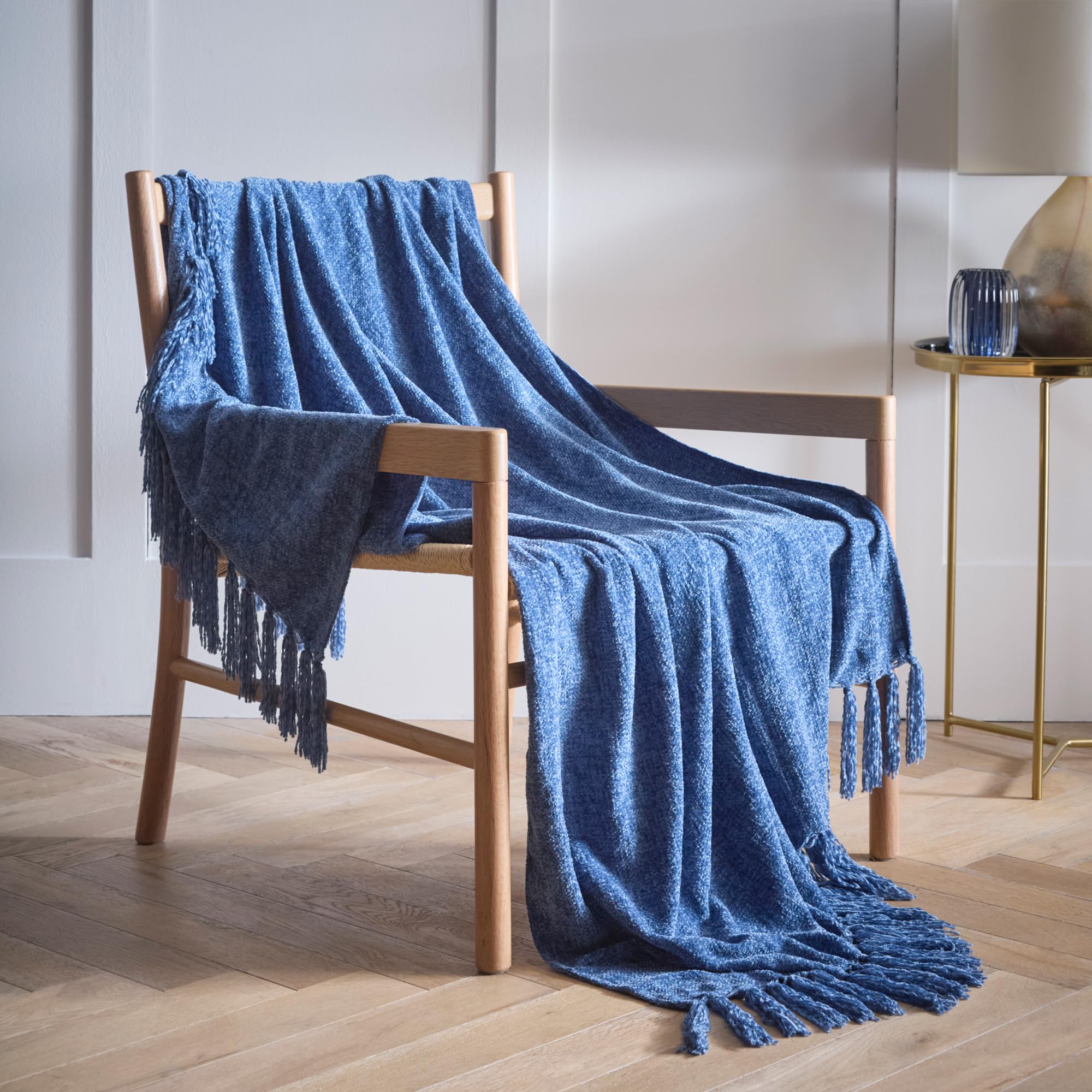 Couverture lit chenille bleue à pompons 127x152 cm pour maison et canapé