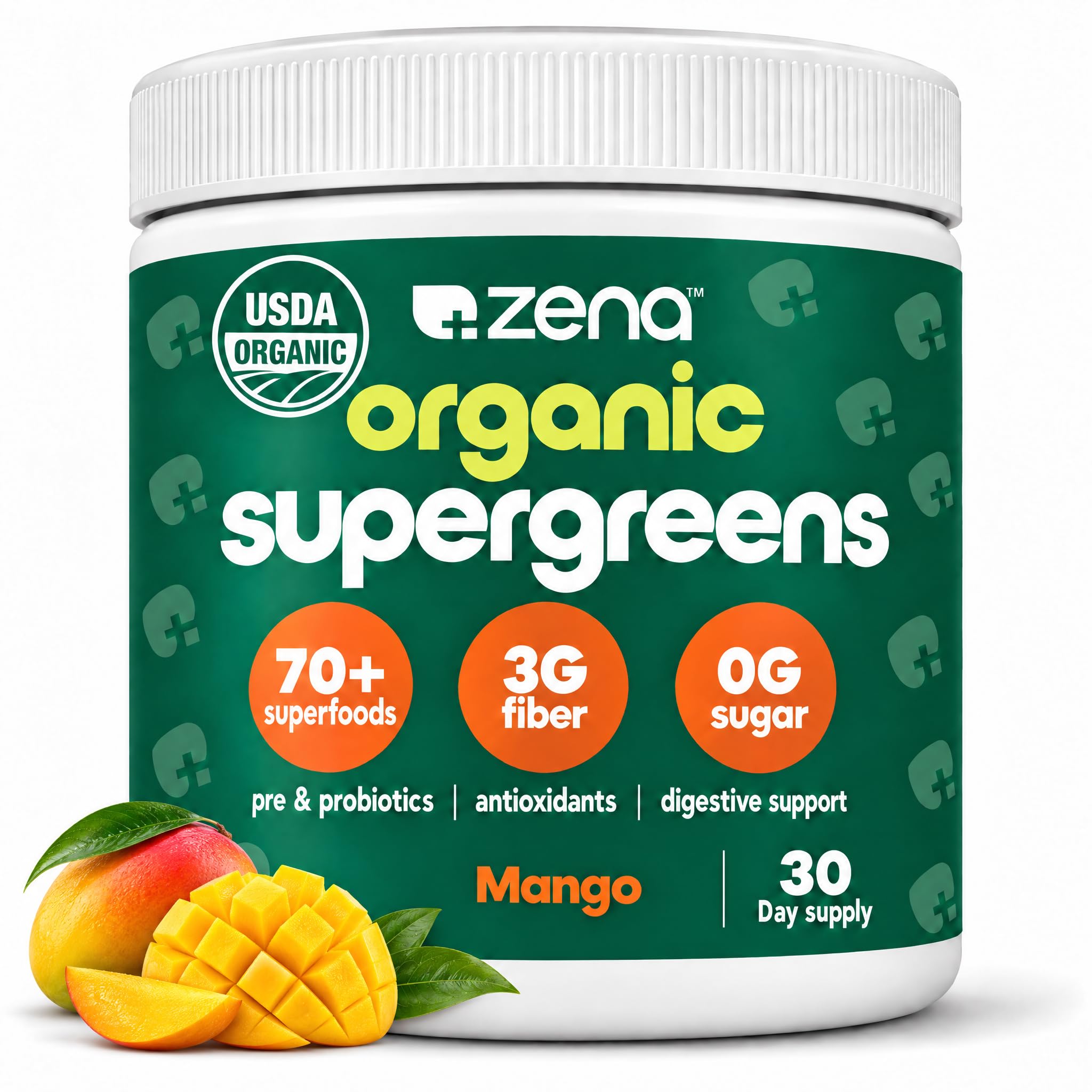 Zena Nutrition Organic Super Greens Powder, 70+ Superfoods, 0 Sugar, 3G Fiber, Spirulina, Chlorella, Mushrooms, Prebiotics/Probiotics, Digestive Enzymes for Gut Health, Mango, 30 Servings