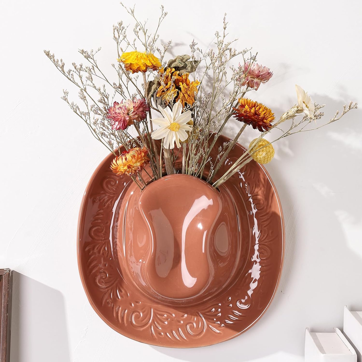 Hanging Wall Planters for Indoor Plants, Wall Vases for Flowers, Ceramic Cowboy Hat Vases for Decor, for Bathroom, Living Room, Office, and Home Decor. Brown Medium