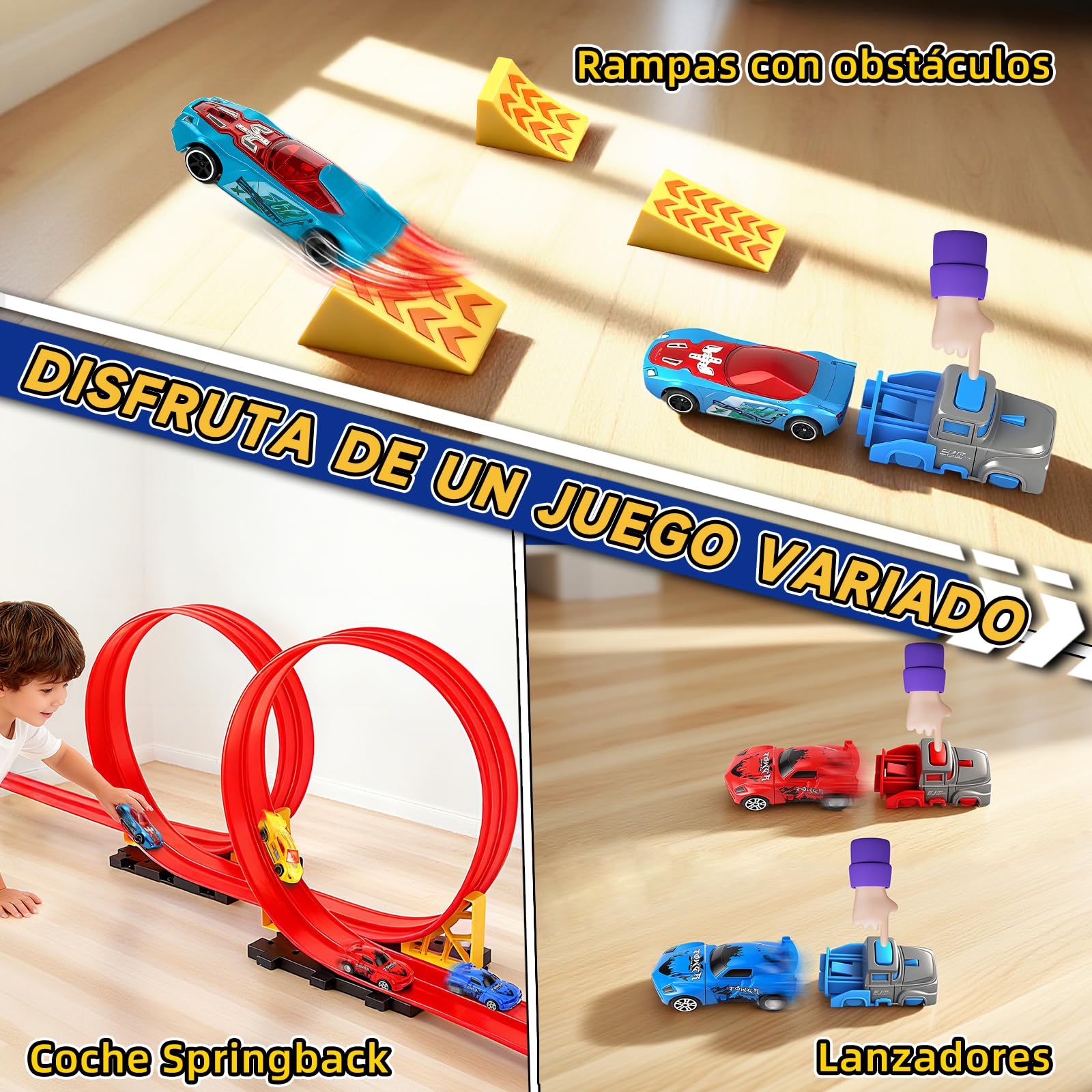 Charmofun Pista de Coches Flexible 5M, Pista de Coches para Niños con 4 Coches, Bolsa Almacenamiento, 2 Lanzadores, 8 Rampas y Ventosas, Pista De Carreras Portátil para Niños de 3+ Años (Rojo)