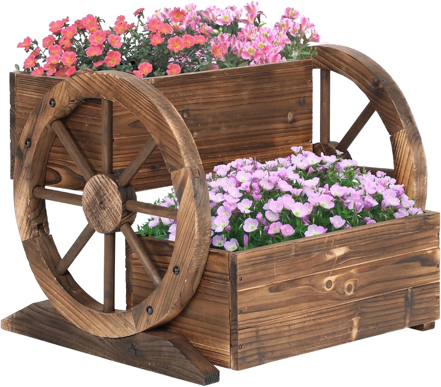 Wooden Wagon Planter Box, 2 Tier Garden Planter with Wheels for Flowers/Herbs/Vegetables, Decor Flower Cart for Indoor/Outdoor/Patio/Garden/Balcony