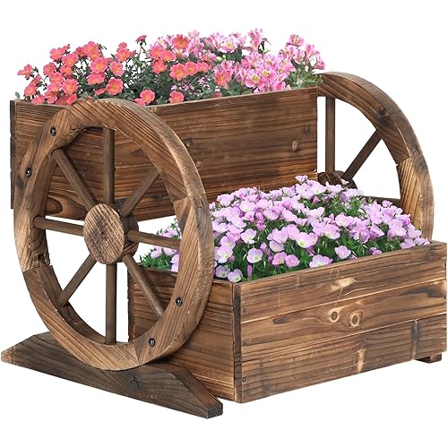 Wooden Wagon Planter Box, 2 Tier Garden Planter with Wheels for Flowers/Herbs/Vegetables, Decor Flower Cart for Indoor/Outdoor/Patio/Garden/Balcony