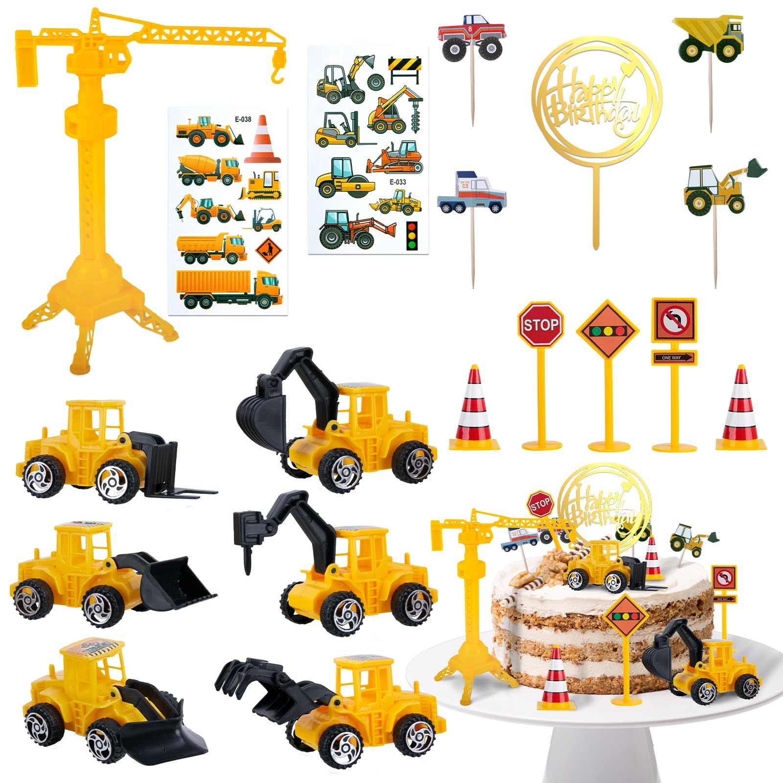 Aitsite Vehículos de construcción para niños, 39 unidades, decoración para tartas, decoración para tartas, obras de construcción, señales de tráfico para niños, juguetes en miniatura para niños