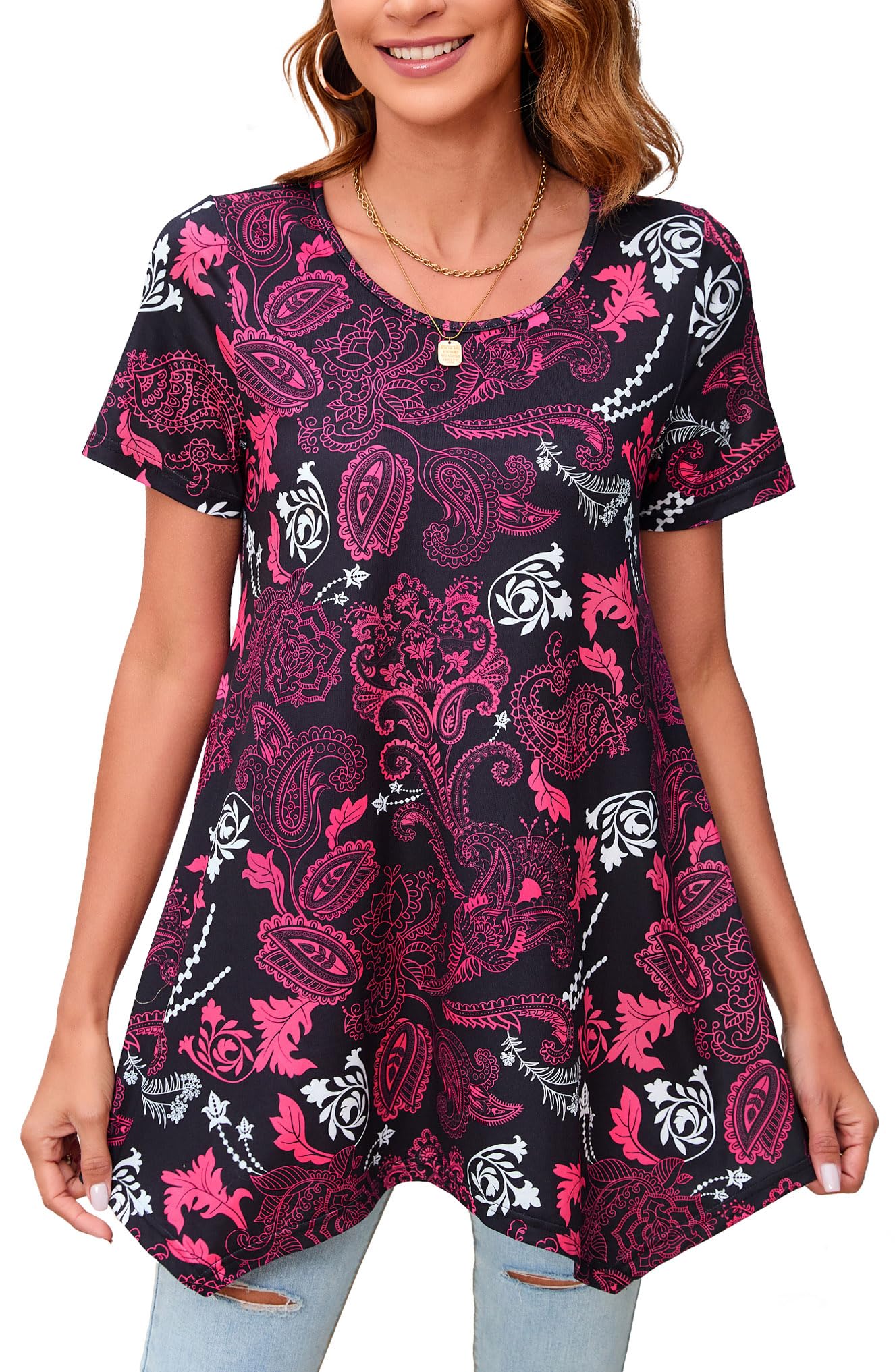 Enmain Camiseta Manga Corta Mujer Blusas de Mujer Elegantes Túnica Tops Larga Verano Cuello Redondo Estampada Flores Paisley Cómoda Fiesta S-3XL