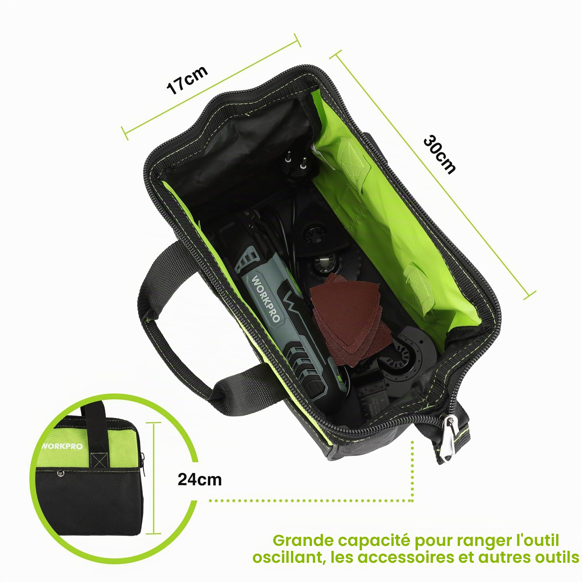WORKPRO Outil Multifonction Oscillant 300W, 7 Vitesses Réglables, avec 17 Accessoires, Angle d'Oscillation de 3°, Mécanisme de Changement Rapide de Lame pour Sciage, Grattage, Façonnage, Polissage
