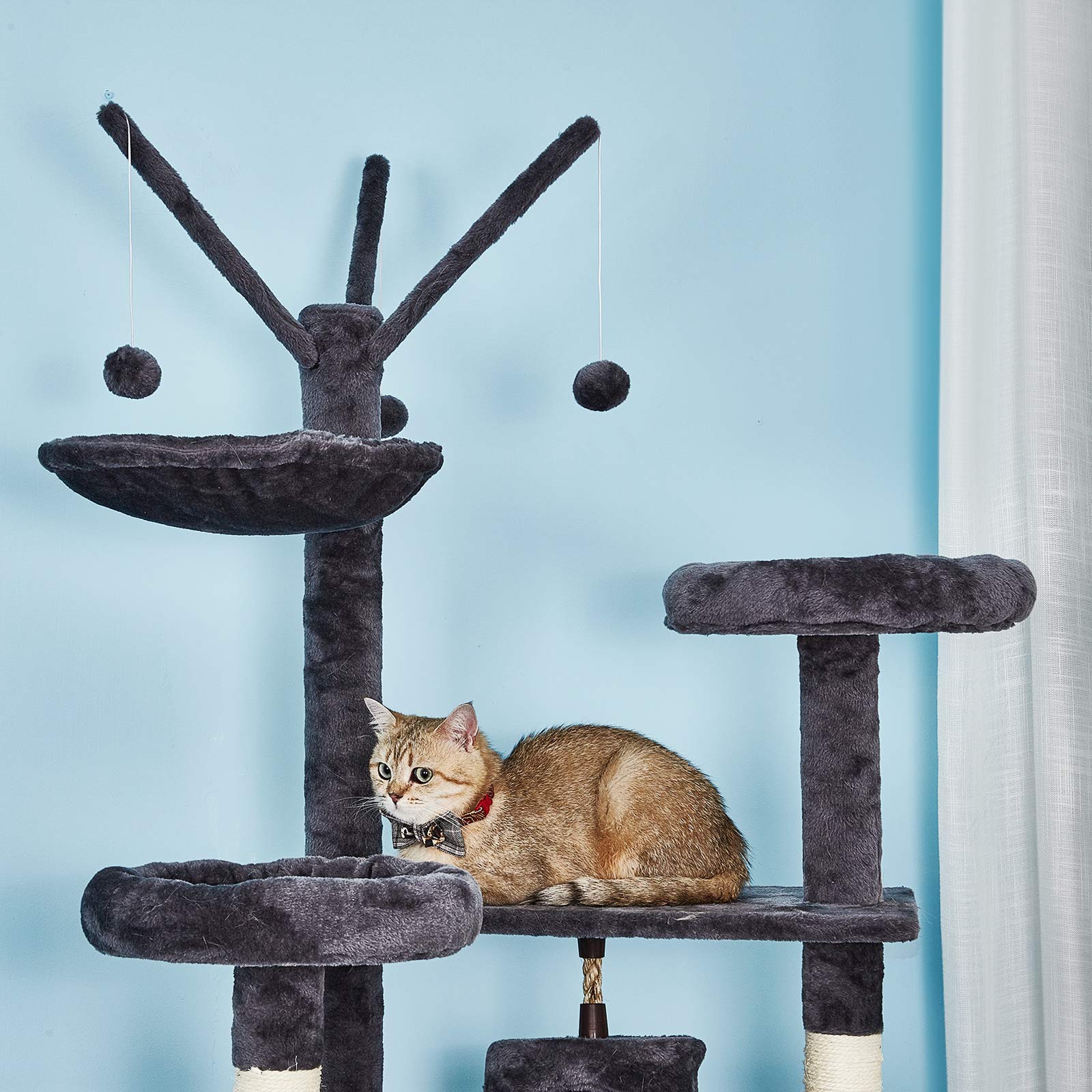 Meerveil Tiragraffi Albero per Gatti XXL Gatti Gioco gichi Palestra con Giocattolo per Gatto 3 Palle Cuccia Graffiatoio in Corda Sisal Naturale, con Amaca 210 cm, Grigio