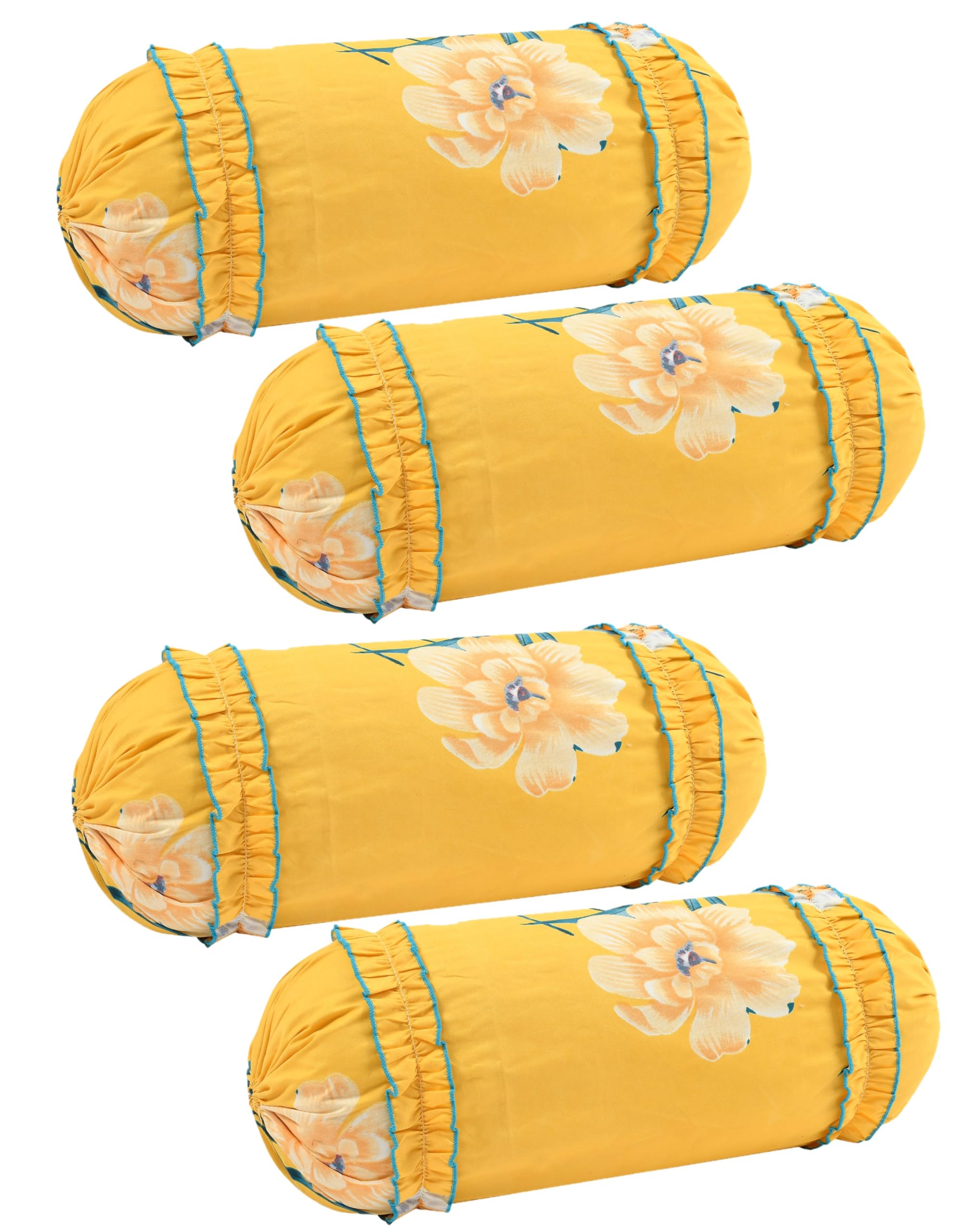 Tessile India Polycotton Printed Bolster Covers, Set of 4, 16x32 Inches, with Attached Frill (Yellow)-image-28