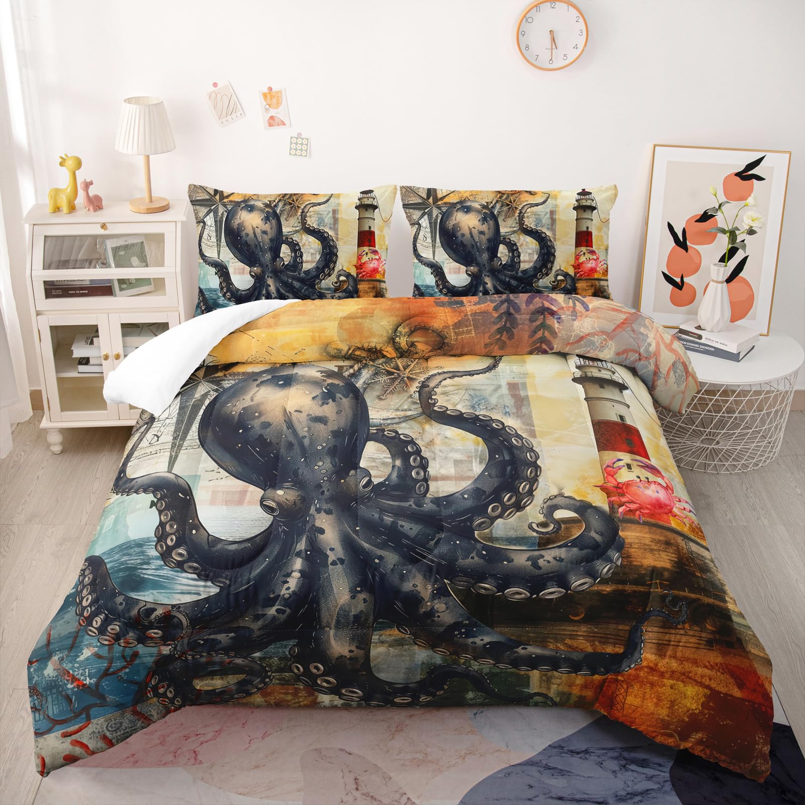 Nttopship Octopus Comforter Set Queen Port Lighthouse Bedding Sets 3PCS for Kids Teen Adult Ocean Room Decor Ultra-Soft Lightweight Microfiber 1