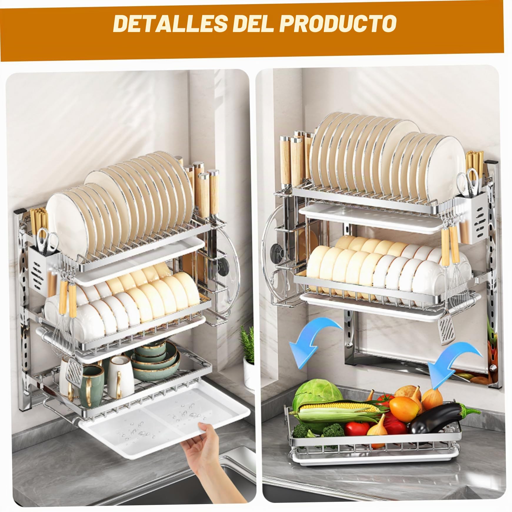 Genérico Secado de Platos Montado en la Pared Colgante Con Escurridor, Ganchos y Soporte para Cubiertos - Sin Perforación, Acero Inoxidable, 3 Niveles