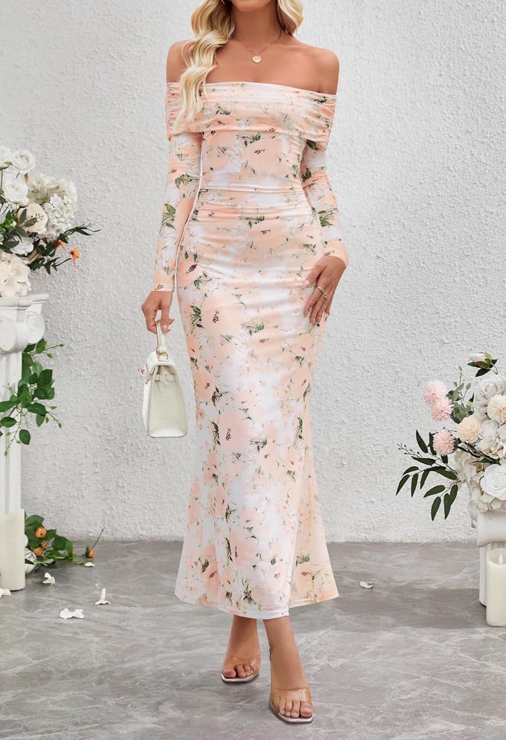 MEROKEETY Women's Fall Off Shoulder Floral Maxi Dresses Formal Long Sleeve Bodycon Cocktail Wedding Guest Dress - Image 2