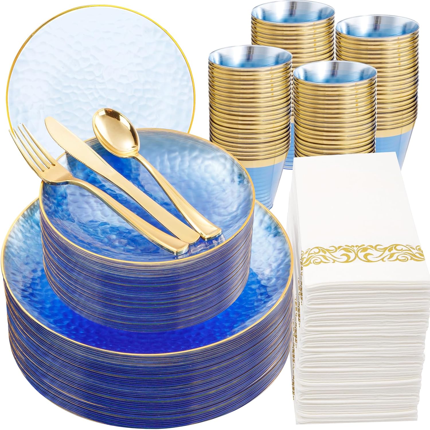 Rubtlamp 350 Pcs Clear Blue Plastic Plates, Blue Gold Plastic Dinnerware Set (50 Guests), Blue Disposable Plates With Gold Rim, Hammered Party Plates Set for Christmas Wedding And Party 350 pcs ?50 guests? clear blue