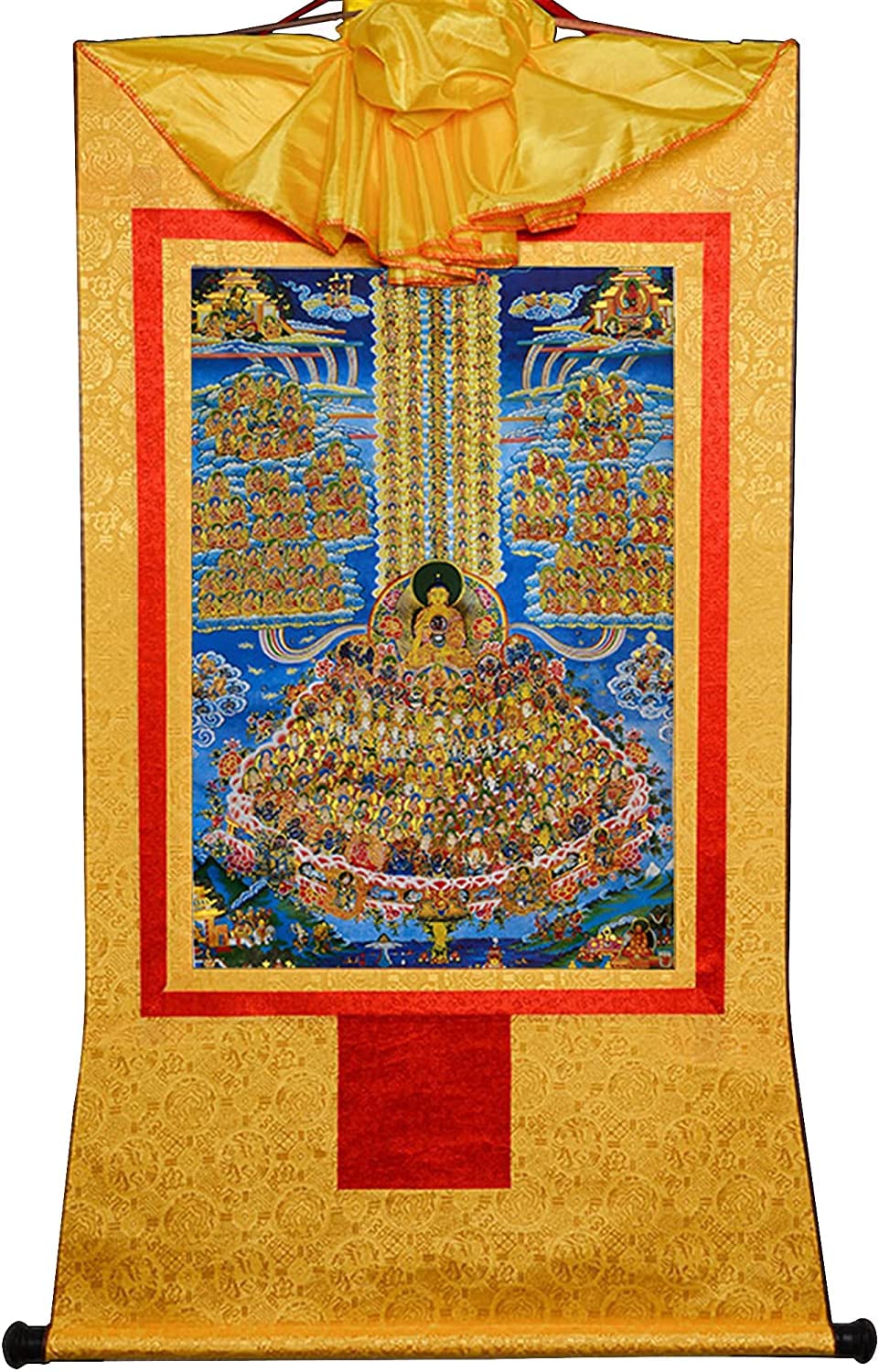 Gobelin Thangka, buddyjska statua malarstwa Buddy, gobelin Buddy ze zwojem, Shakyamuni na drzewie schronienia, nawrócenie Buddy Gautamy, tybetańska statua Buddy Malarstwa Sztuki, Gobelin Buddy Biały