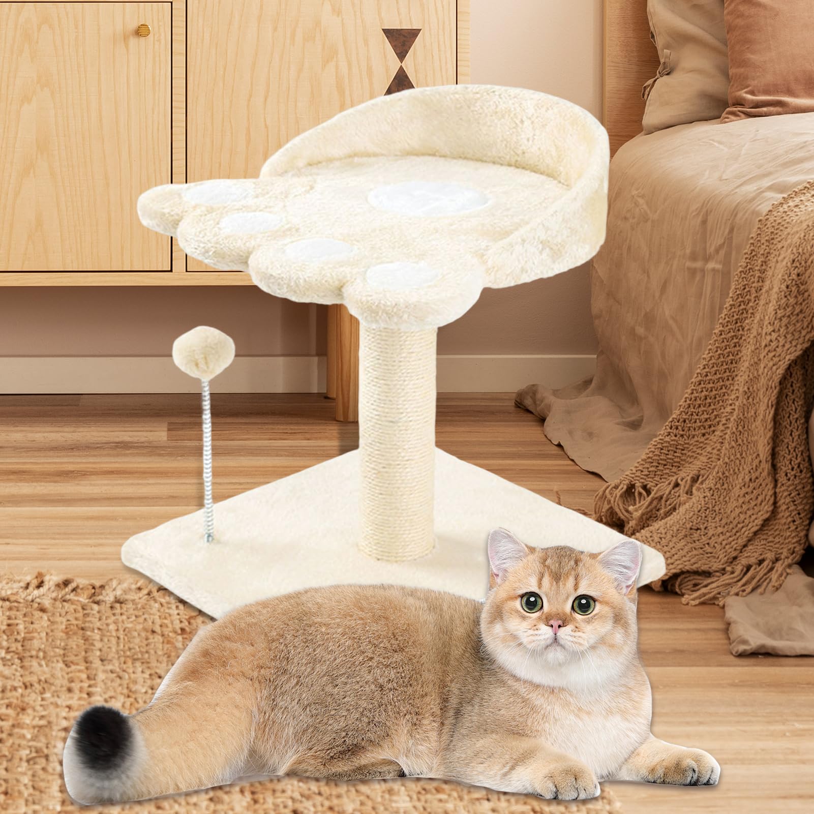 Kratzbaum Turm Für Indoor-Katzen Mit Plattform & Gewölbtem Bett – Aus Sisal, In Hellgrau