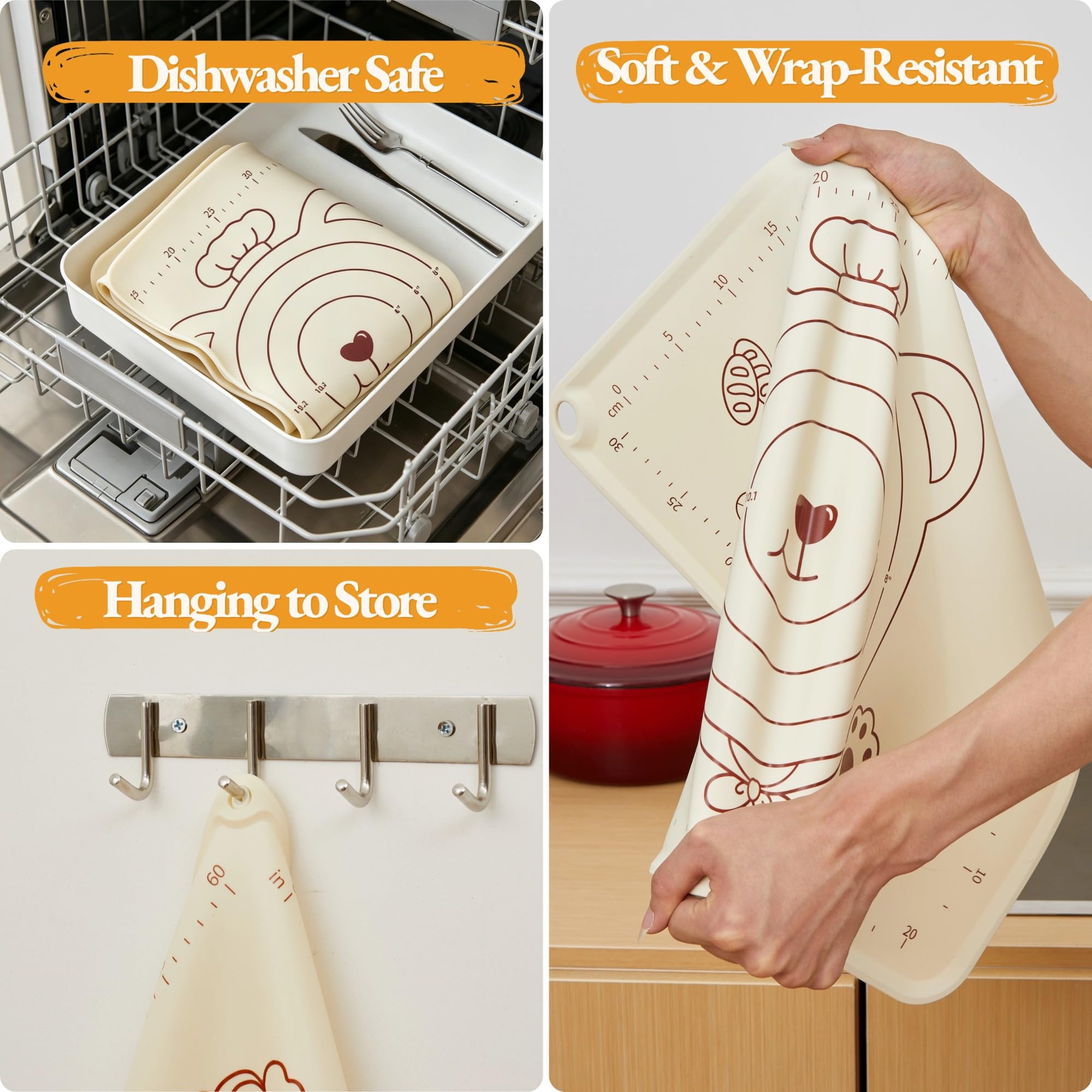 Tapete de silicona para masa de repostería – 25 x 16 pulgadas, extra grueso, mate con medición, antiadherente para encimera de cocina, borde elevado, reutilizable, resistente al calor para pan, pizza