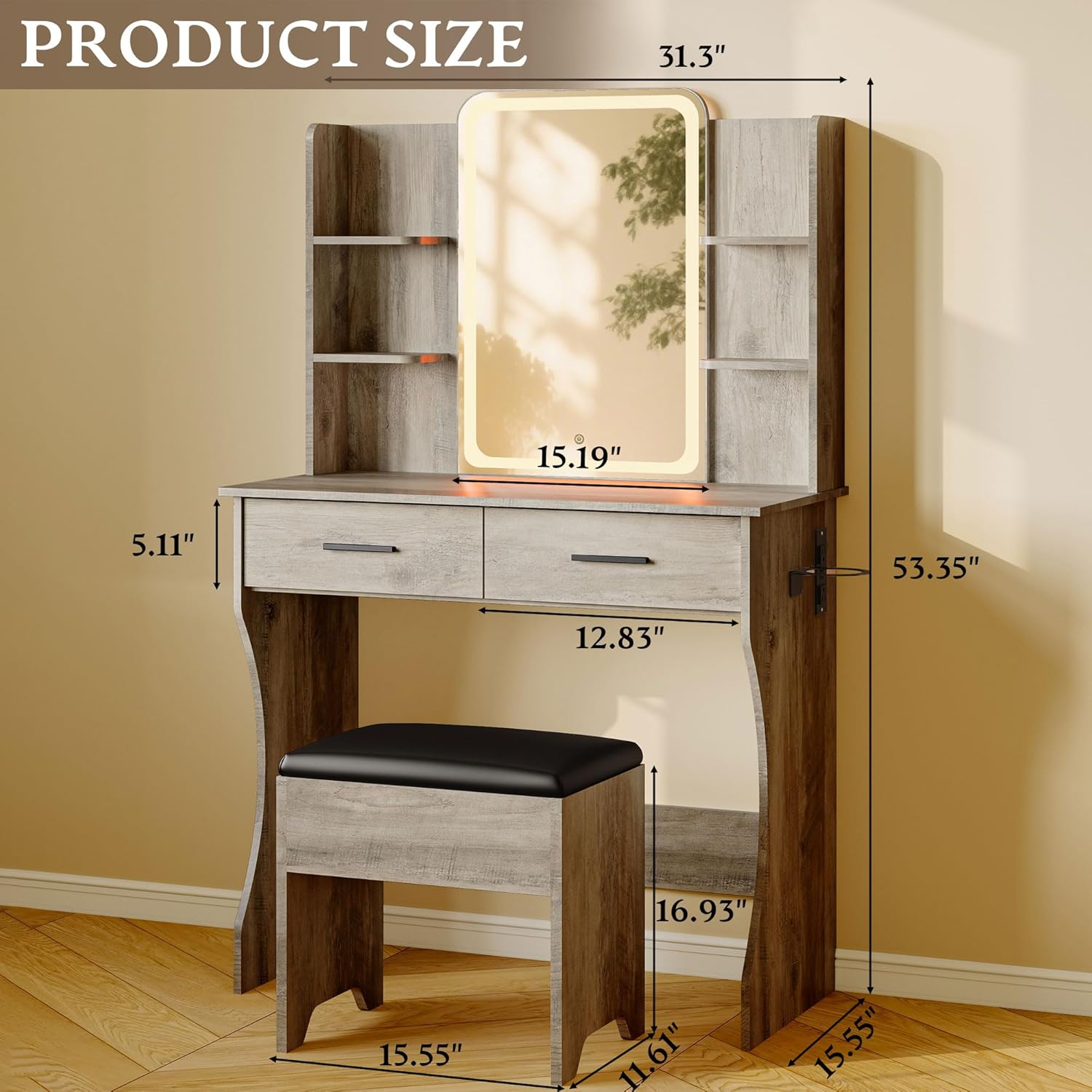 Makeup Vanity Desk with Mirror & Lights, Small Vanity Table Set for Girls with Chair & Power Outlet, Modern Dressing Table with 2 Drawers & 4 Storage Shelves, Adjustable RGB Lighting - Grey