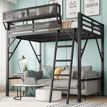 Full Size Loft Bed with Storage Shelf, Heavy Duty Metal Loft Beds Frame with Ladder, Tall LoftBed with Spacious Under-Bed Space for Adult Teens Junior,Space Saving Design,Black