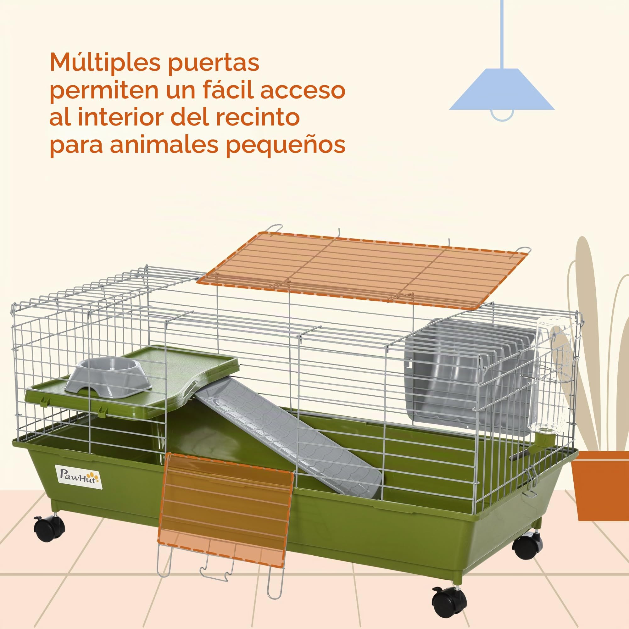 PawHut Jaula Pequeños Conejo Cobaya con Ruedas 89x44x43cm Verde | Jaula para chinchilla, botella de agua, plato, plataforma, rampa