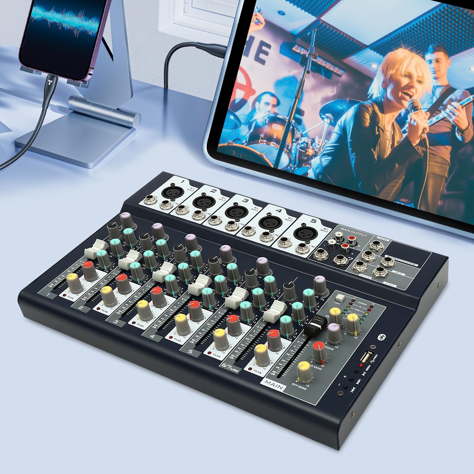 Mixer, mixer audio a 7 canali con Bluetooth, amplificatore audio USB, console mixer per live, registrazione, PC, karaoke e voce di gioco
