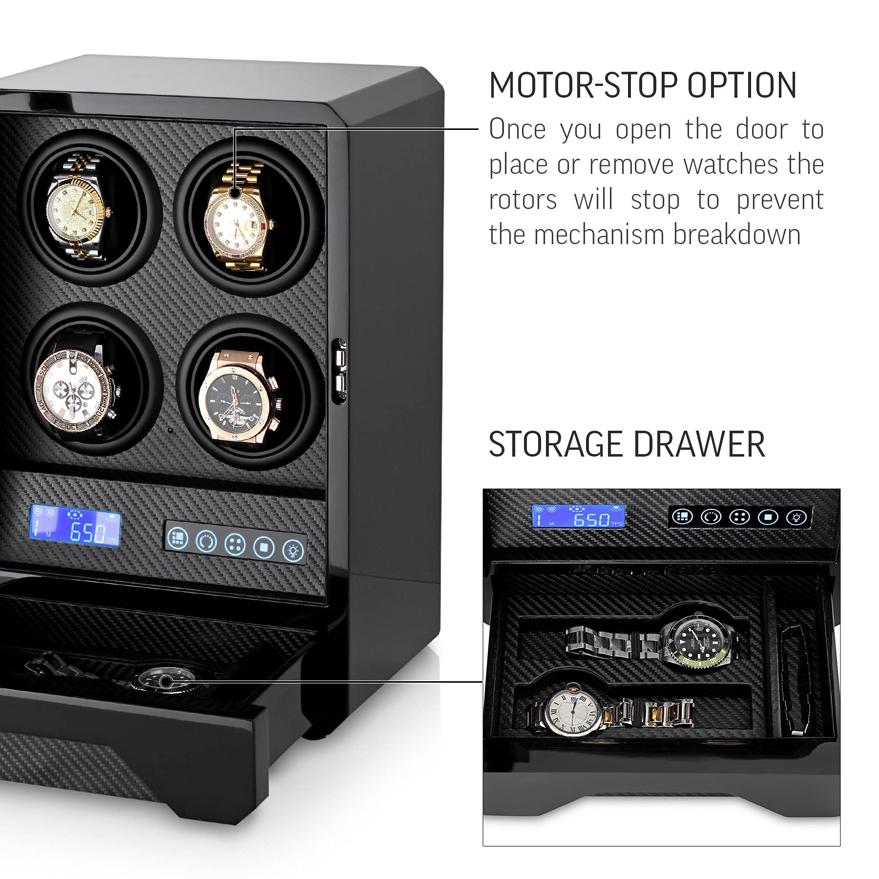 Enrollador automático de relojes para 4 relojes con luz LED, pantalla LCD, control remoto y cajón de almacenamiento, Negro -, Bobinador de relojes