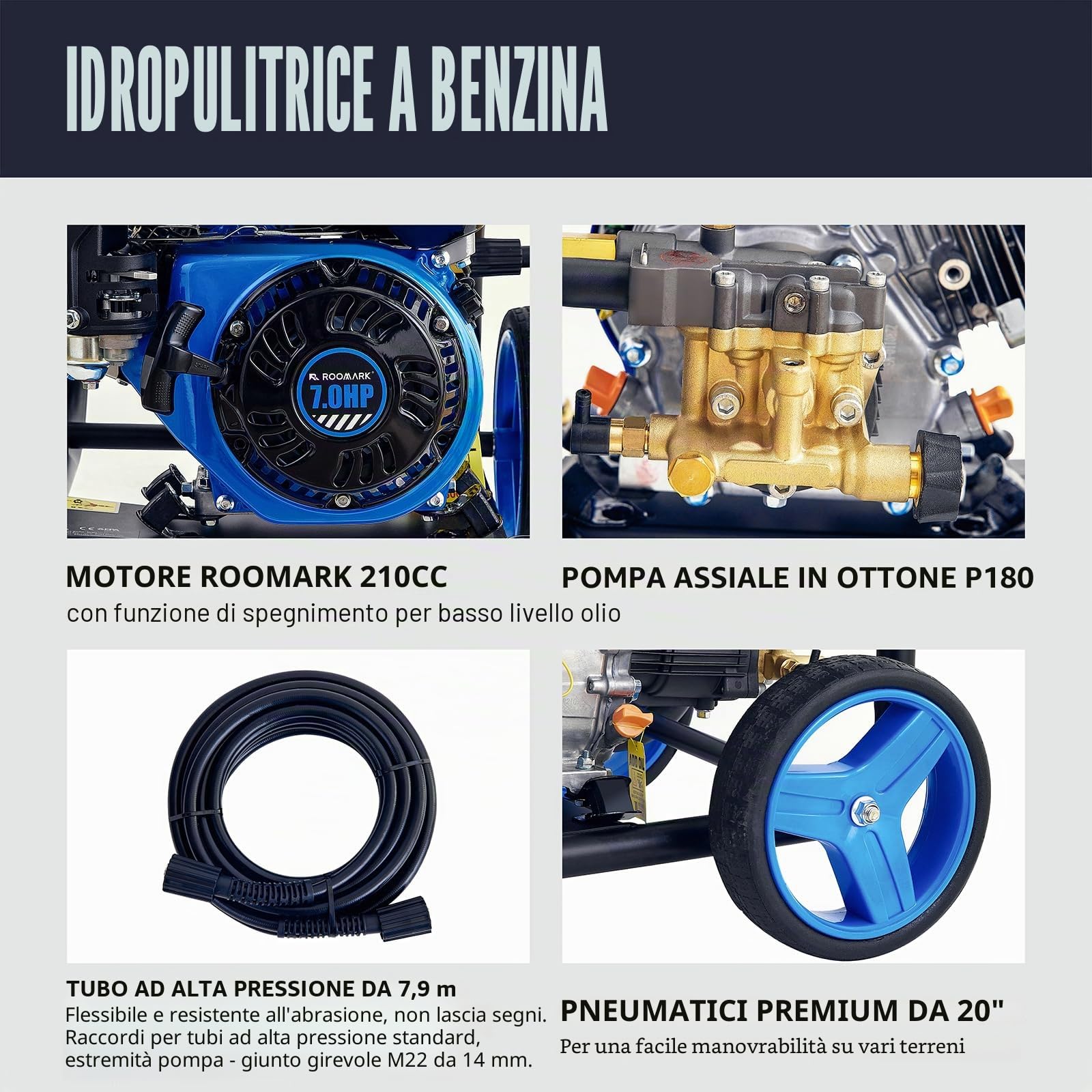 Idropulitrice professionale,max.248 bar pressione di lavoro, 590L/h, 210cc Gas Idropulitrice ad alta pressione commerciale con 8M Tubo flessibile & 5 ugelli,per giardino,cortile,veicolo