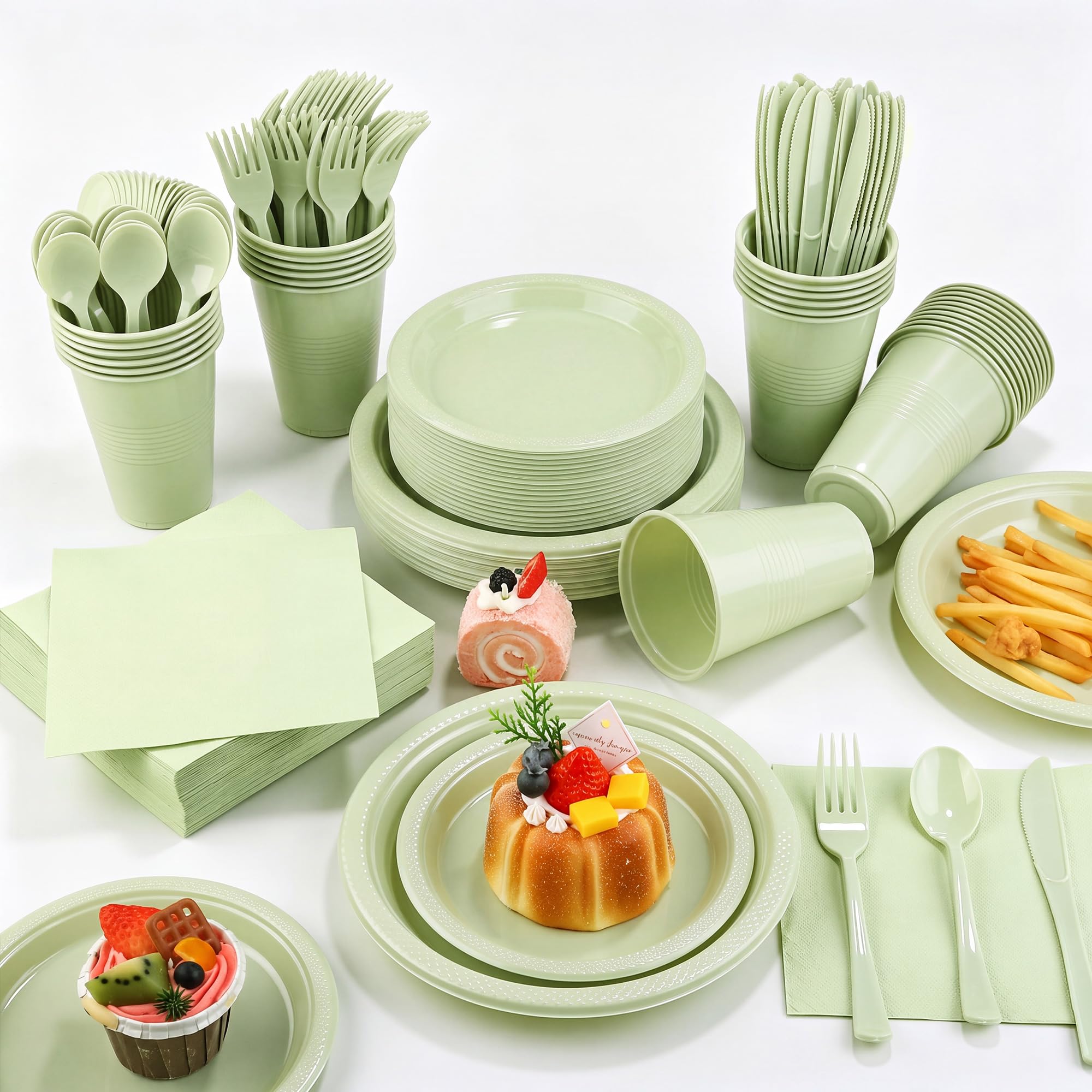 240 Piece Sage Green Disposable Dinnerware Set -12