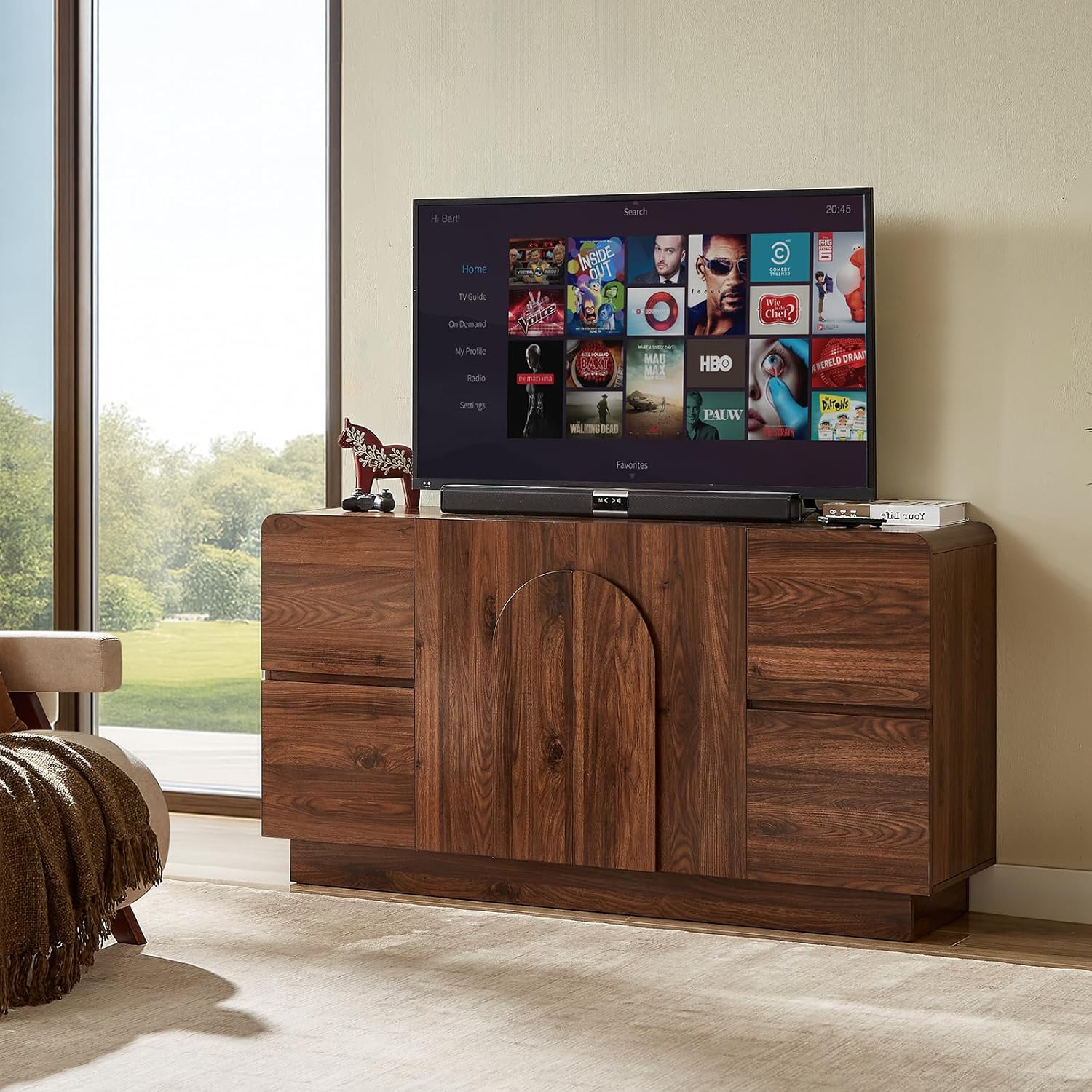 ONBRILL 60 Inch Sideboard with 4 Drawers & Adjustable Shelves, Curved Design Buffet Cabinet with Arched Doors, Mid Century Modern Accent Cabinet for Dining Room/Living Room/Entryway, Walnut