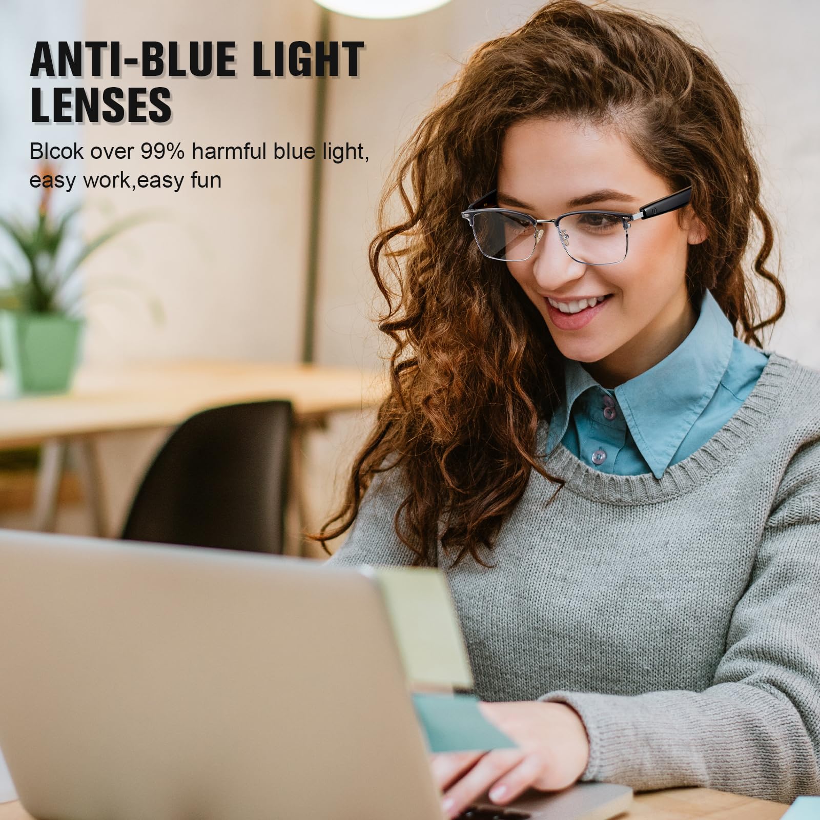 Gafas inteligentes, lentes Bluetooth con bloqueo de luz azul con altavoz abierto, lente de gafas de sol fotocromáticas, asistente de voz compatible con Android iPhone
