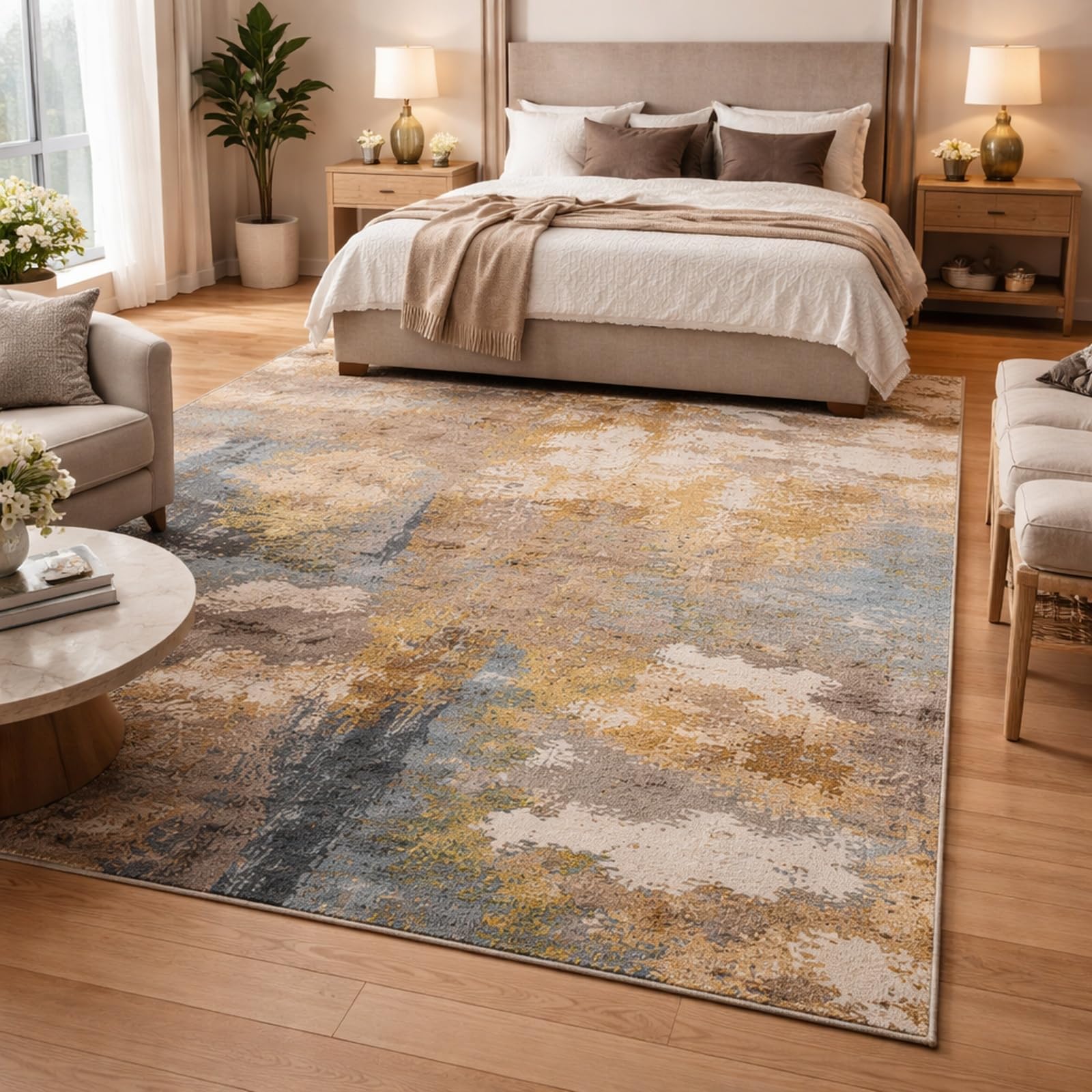 Tapis poils courts abstrait moderne marron et multicolore pour salon 100x160 cm