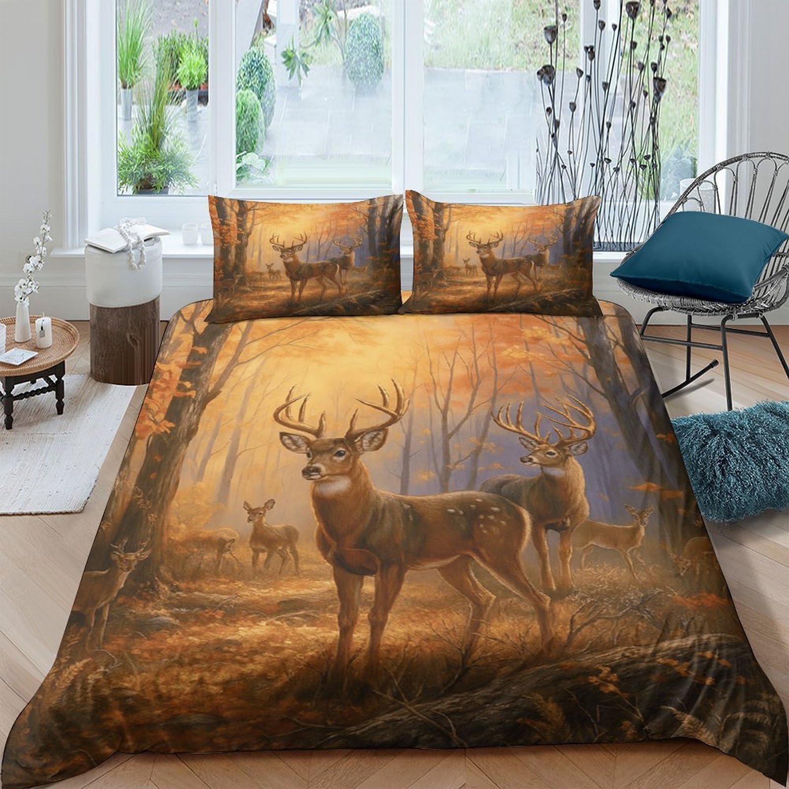 GPLZQXKJNH 3D Printed Forest Deer Duvet Cover Microfiber Soft Woodland Stag Bedding Set with 2 Pillowcases for Bedroom Decor Single（135x200cm）