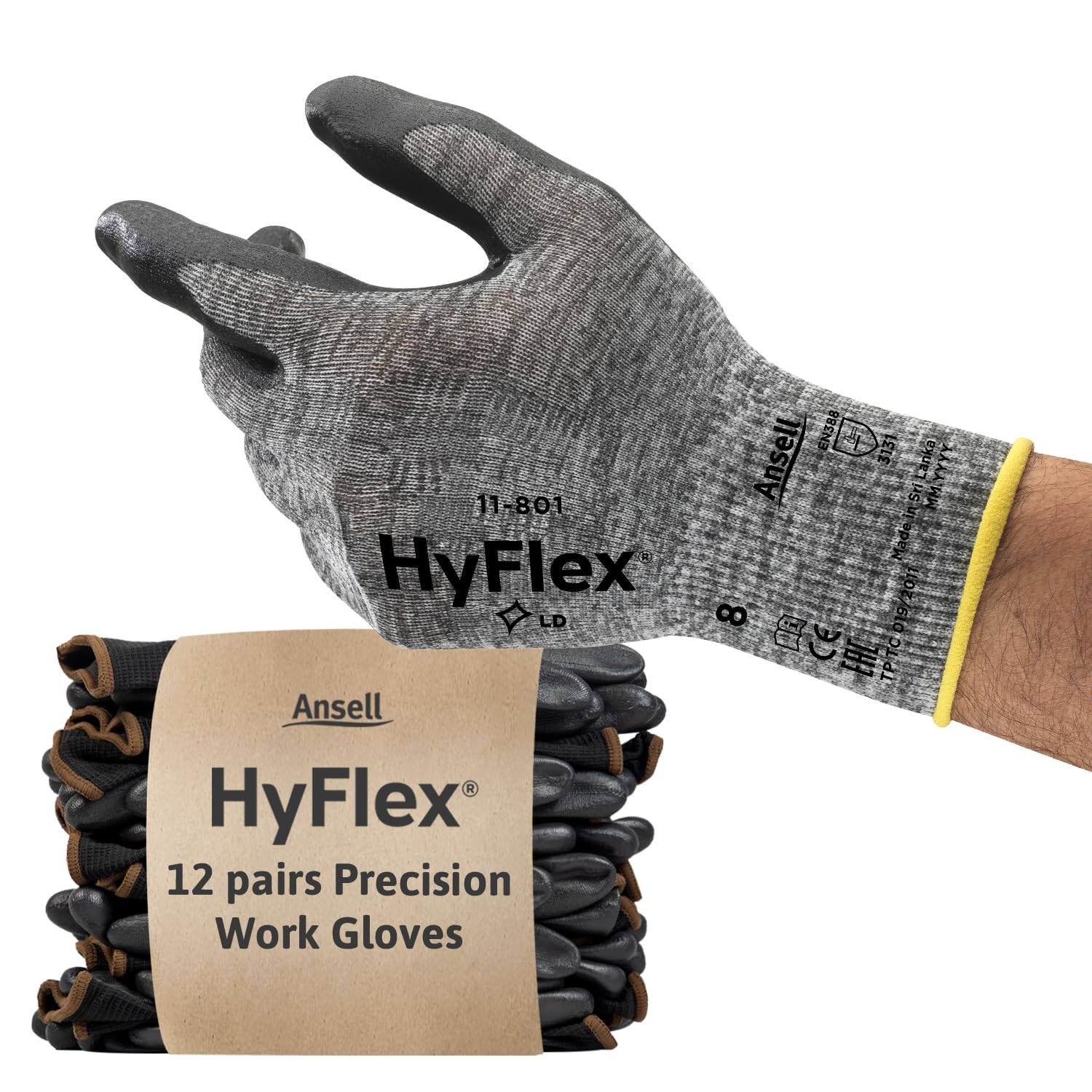 Ansell HyFlex 11-801 Professional Work Gloves, Abrasion Resistant Nitrile Coating with Firm Grip, Multipurpose Protection Gloves, Mechanical and Industrial Safety, Grey, Size L (12 Pairs)OEKO-TEX STANDARD 100