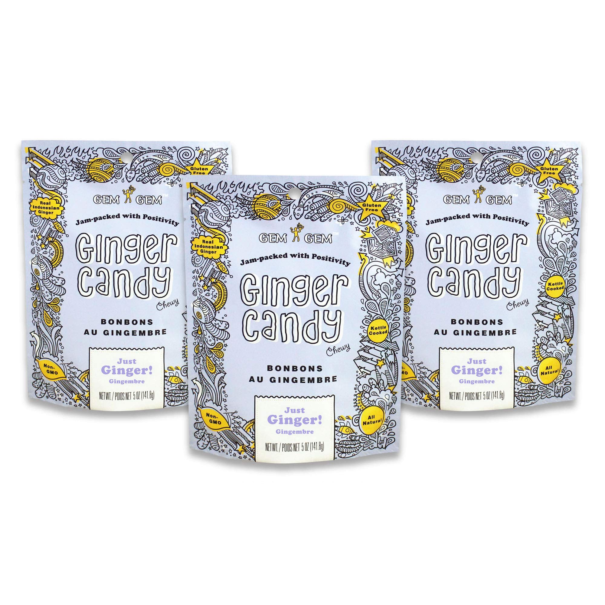 Gem Gem Ginger Candy Chewy Ginger Chews (Original, 5.0oz, Pack of 3)