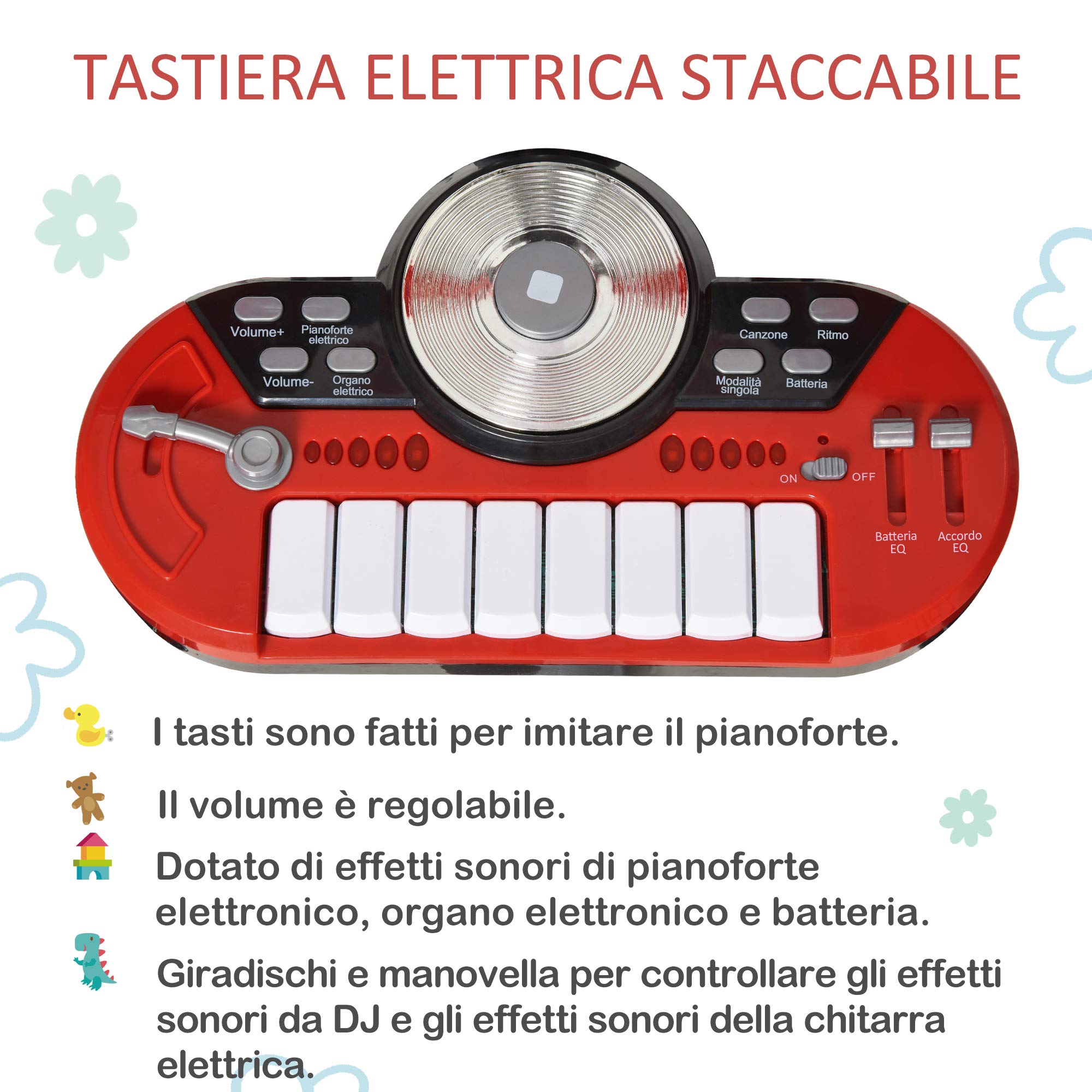 HOMCOM Set Batteria per Bambini con Strumenti Musicali, Batteria Jazz con 5 Tamburi e Sgabello, Giocattolo Musicale Educativo per Bambini, Effetti Sonori e Microfono Giocattolo, 77.5x40x76.5cm, Rosso