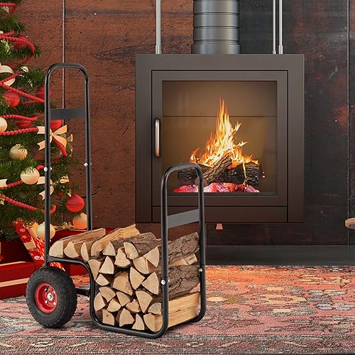 Miniatura 2 de Tangkula Carrito de leña, transportador de almacenamiento de madera con ruedas giratorias y mango ergonómico, transportador de rodillos de acero