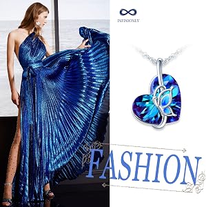 INFINIONLY Collana con Cuore di Cristallo, Argento 925, Ciondolo a Cuore con Cristallo dell'Oceano, Mini Ancora, Zircone, Catena da 45cm, Blu Oceano