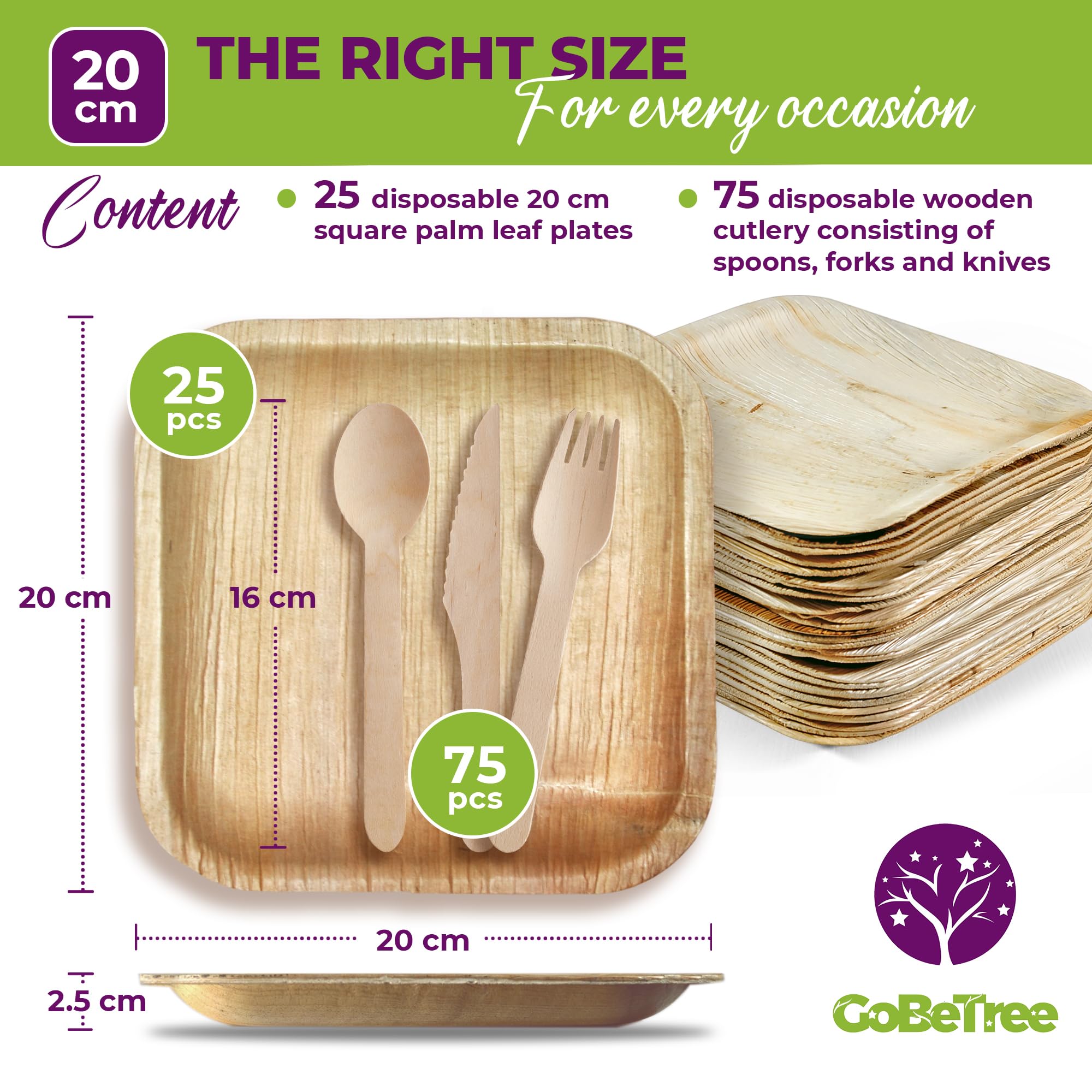 25 Talerzy jednorazowych z liści palmowych kwadratowych 20 cm, 75 sztuk drewnianych sztućców, elegancka i stylowa zastawa przyjazna naturze, podobna do bambusa, na przyjęcia, grille i pikniki.