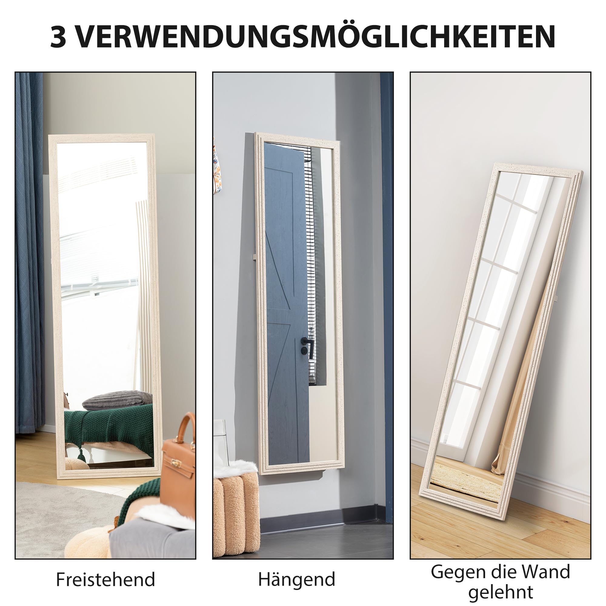 HOMCOM Ganzkörperspiegel 160 x 50 cm Rechteckig Standspiegel mit Steinoptik, Splitterfrei Wandspiegel zum Anlehnen, Stehen, Spiegel für Wohnzimmer, Schlafzimmer, Flur, Weiß