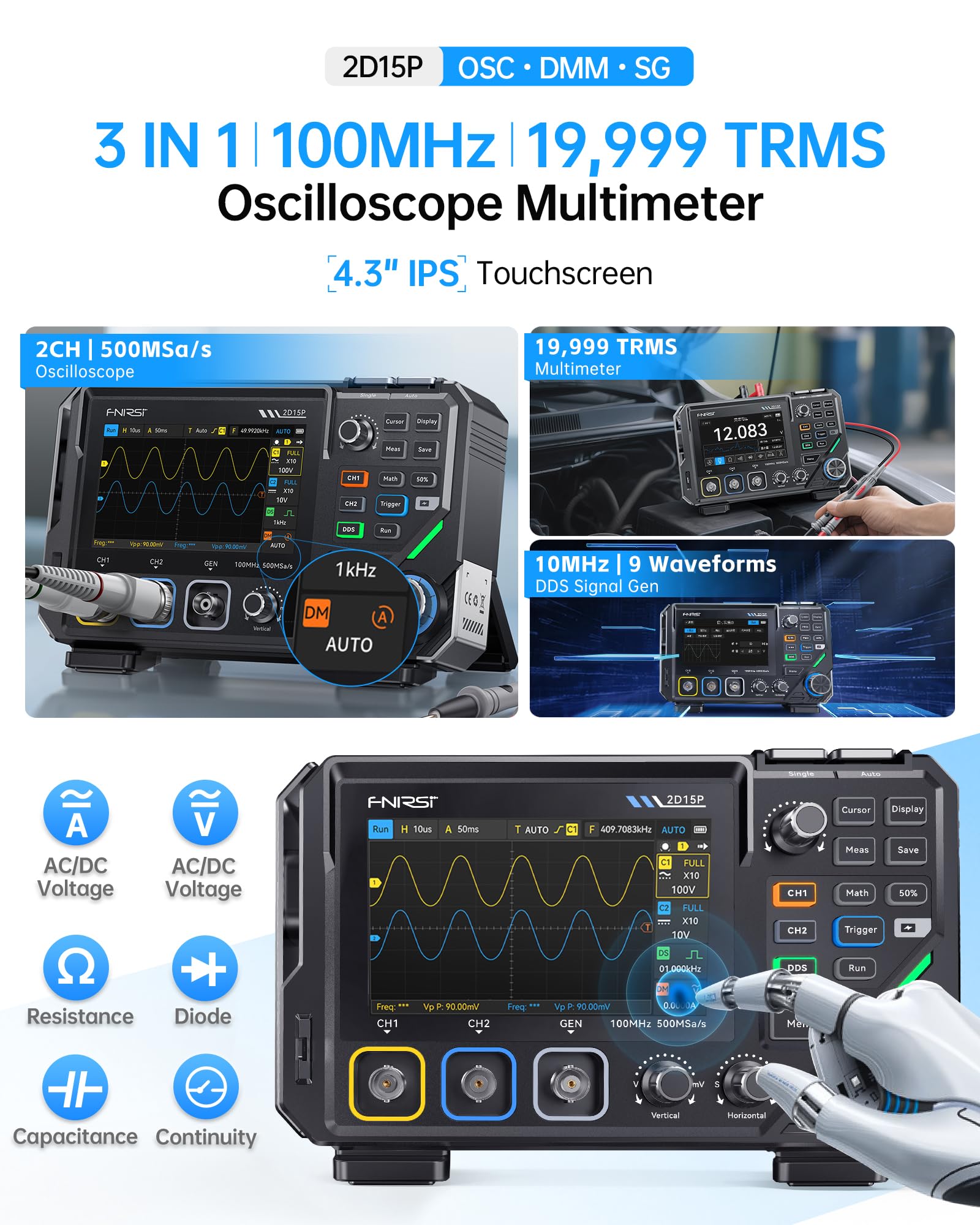 FNIRSI 2D15P: 3-in-1 Oscilloscope, Multimeter & Signal Generator -2