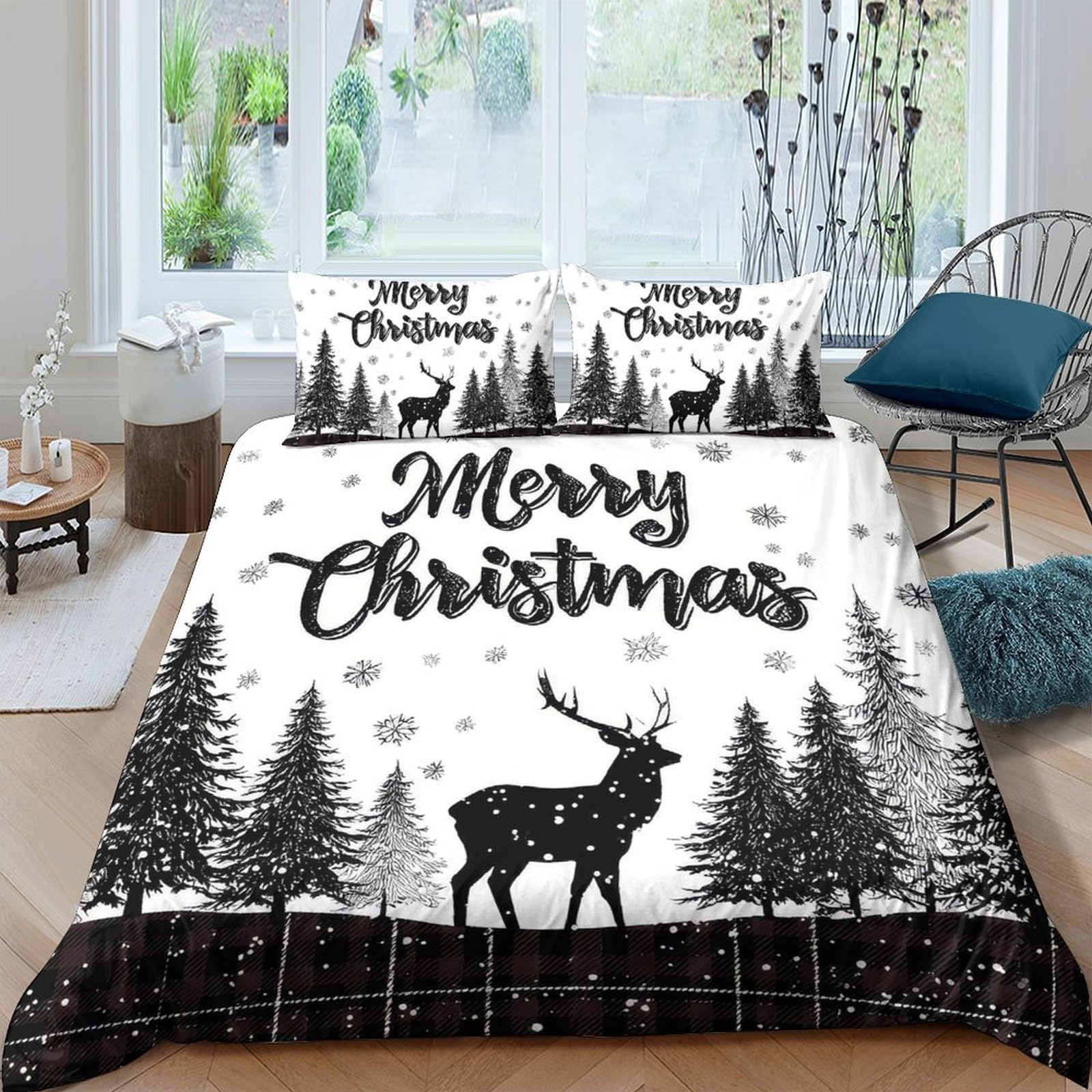 GPLZQXKJNH 3D Printed Christmas Reindeer Duvet Cover Microfiber Black White Forest Bedding Set with 2 Pillowcases for Bedroom Home Decor Single（135x200cm）